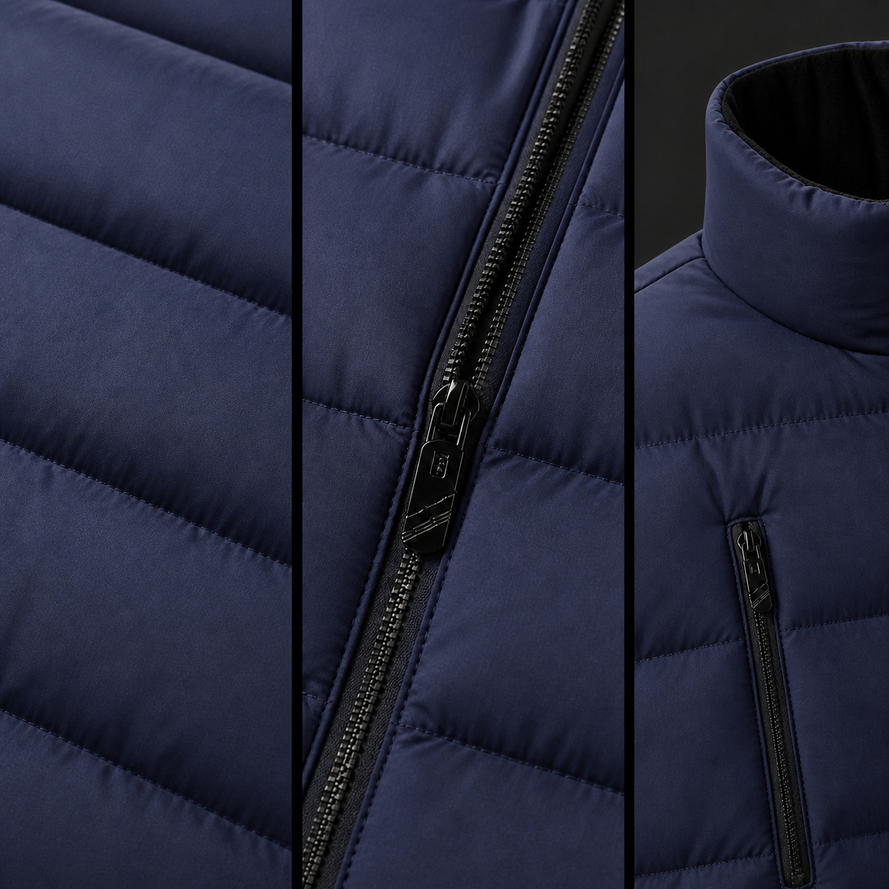 Close-up details of the blue heated vest zipper, pocket and stand collar.