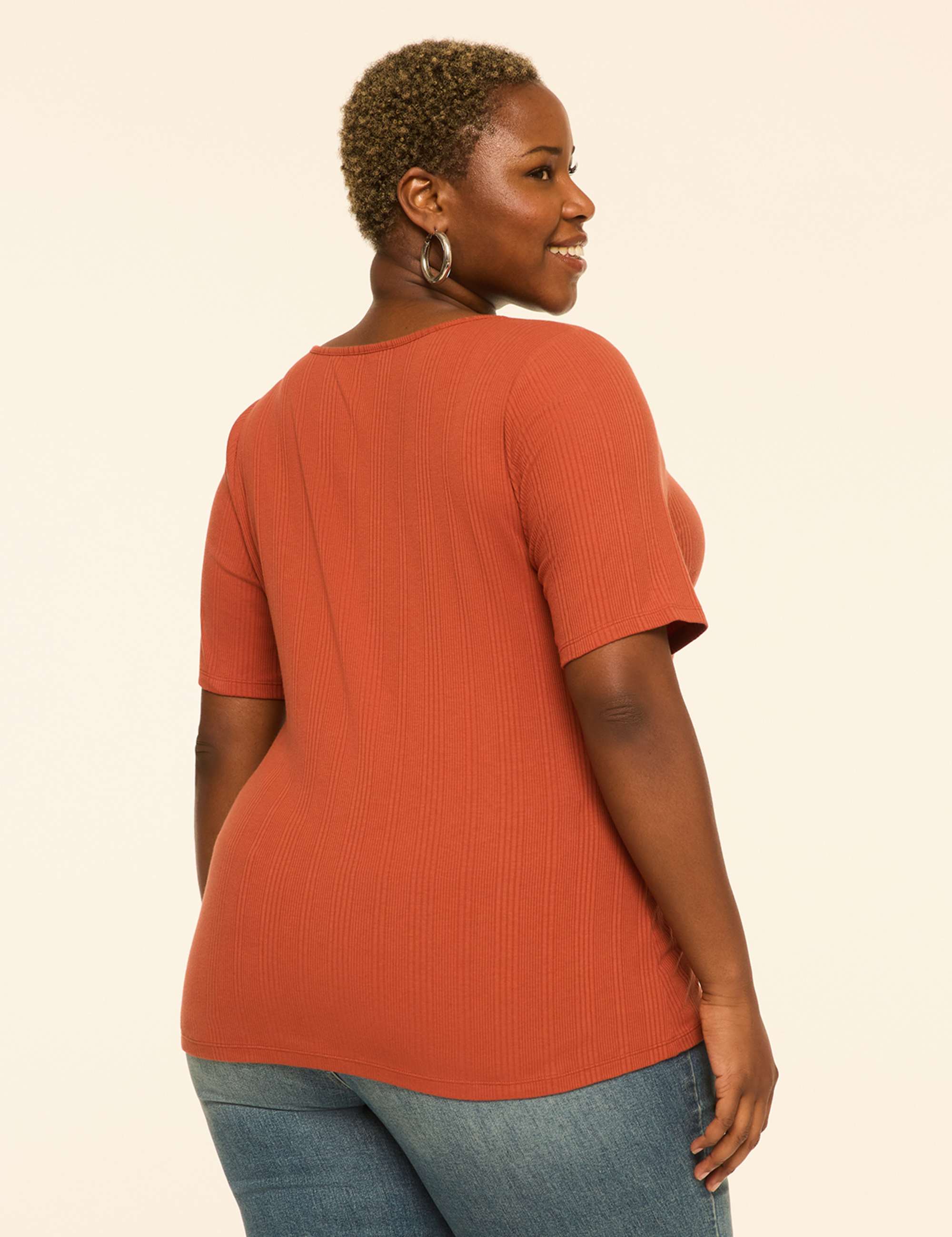 Elbow-Sleeve V-Neck Rib Top
