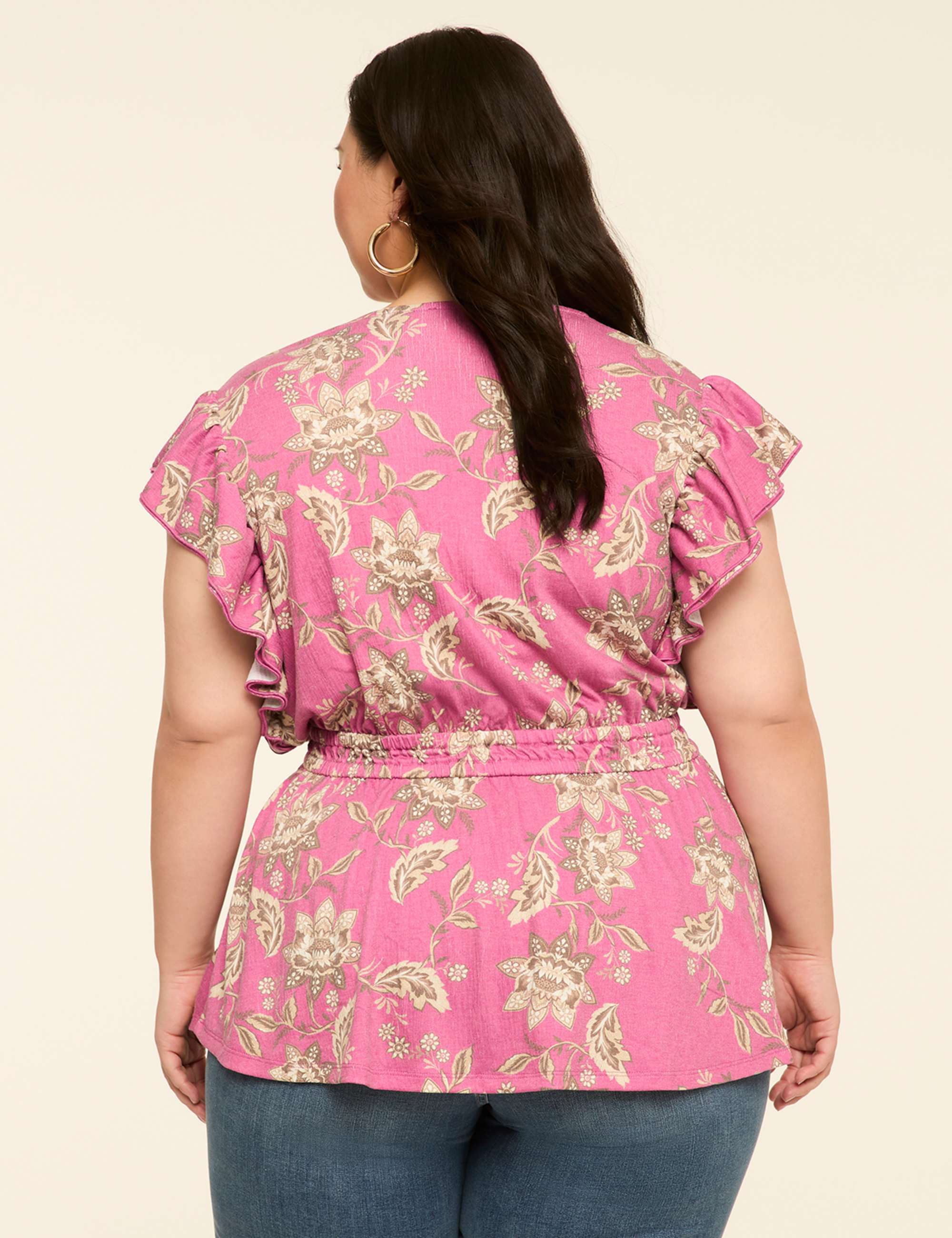 Double Flutter-Sleeve Faux-Wrap Peplum Top