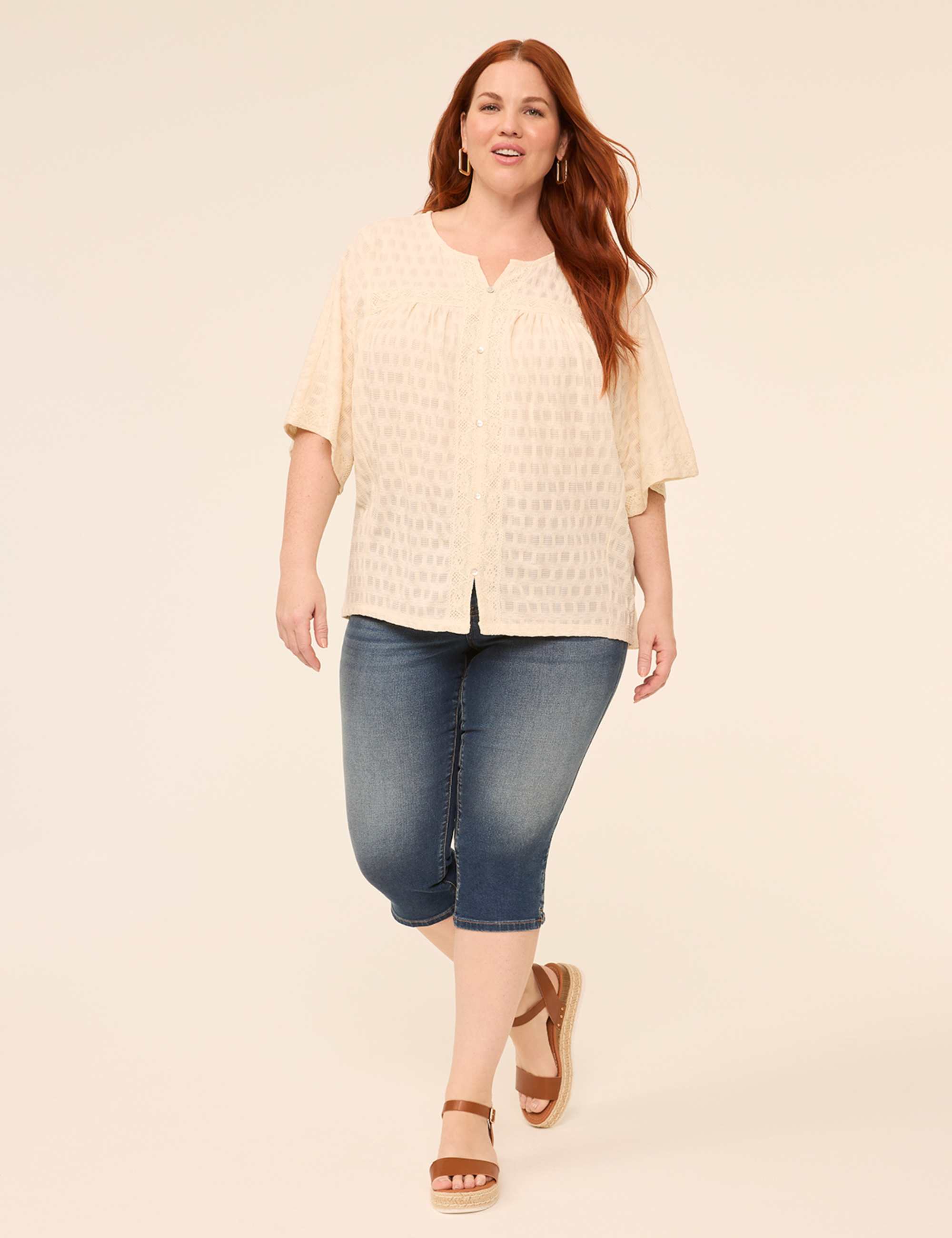 Button-Front Lace-Trim Top
