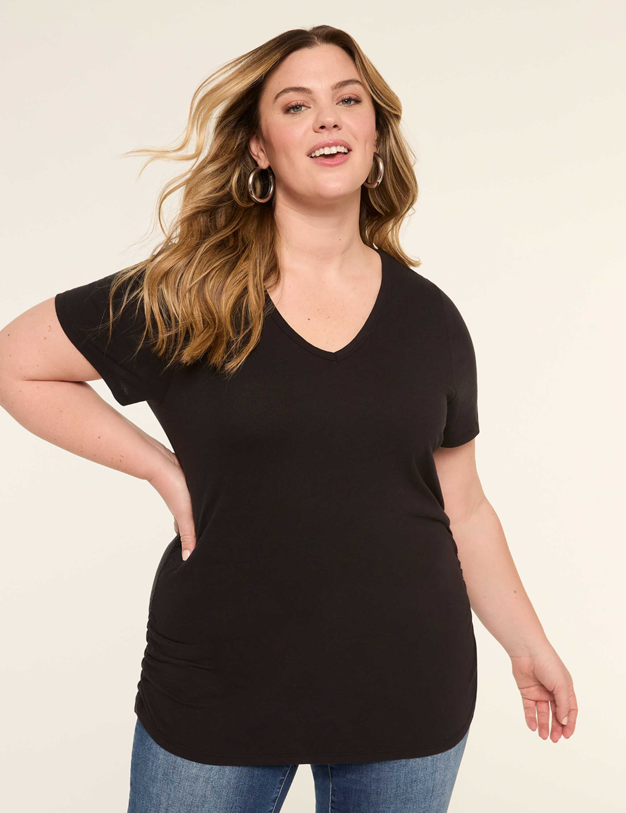Short-Sleeve V-Neck Side-Ruched Tee