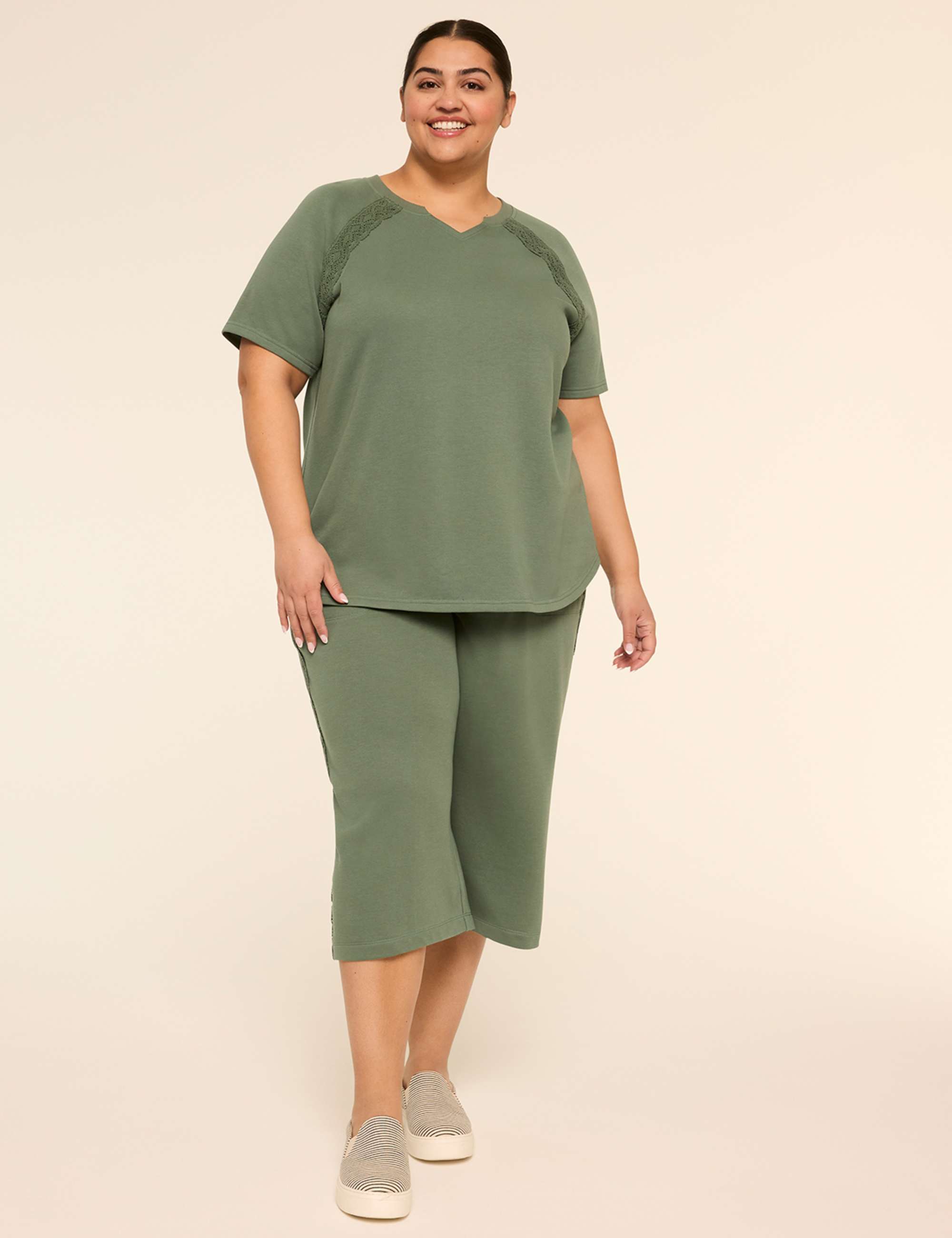 LIVI French Terry Elbow-Sleeve Crochet-Trim Sweatshirt