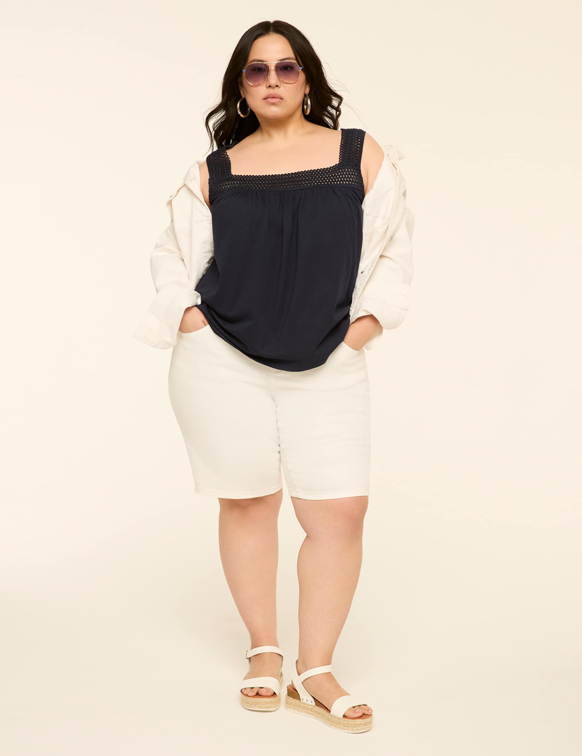 Square-Neck Crochet-Trim Tank