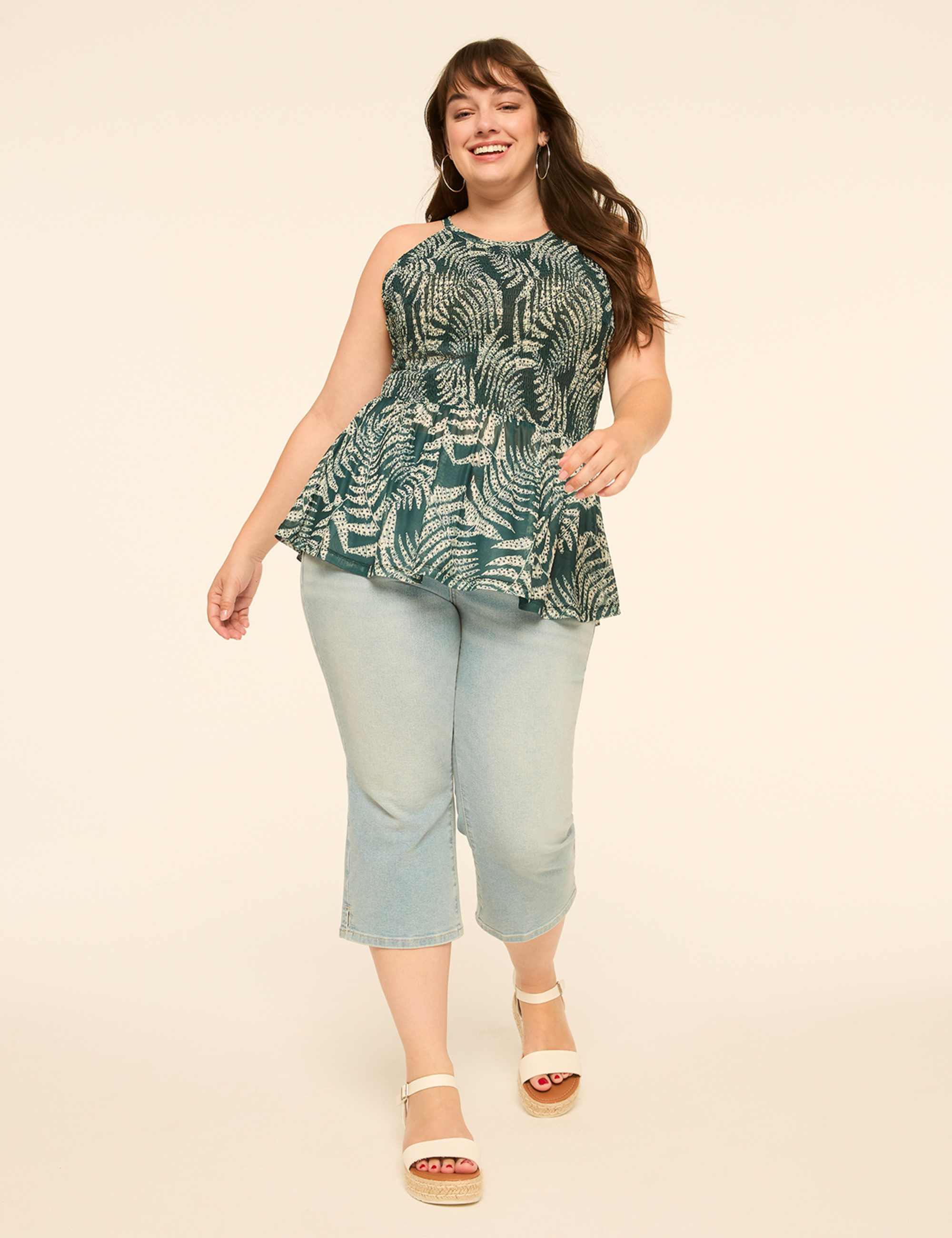 Mesh Halter-Neck Smocked Peplum Top