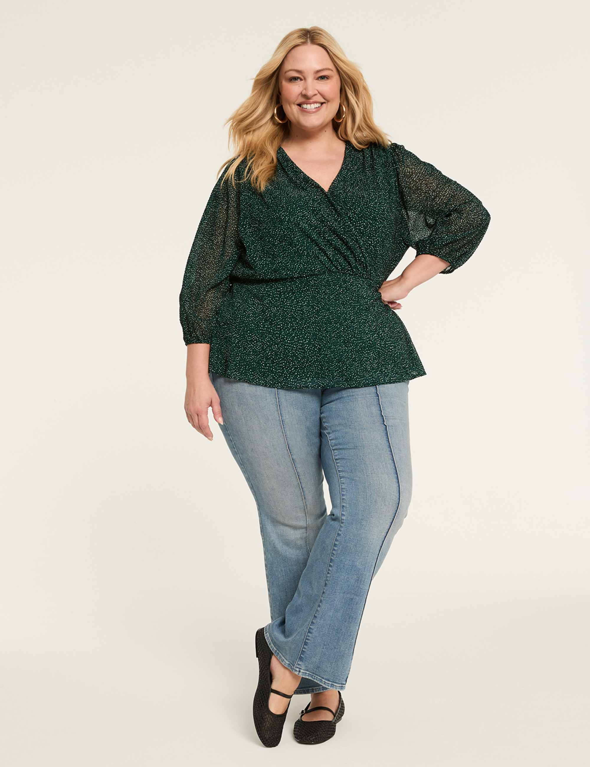 3/4-Sleeve Faux-Wrap Blouse