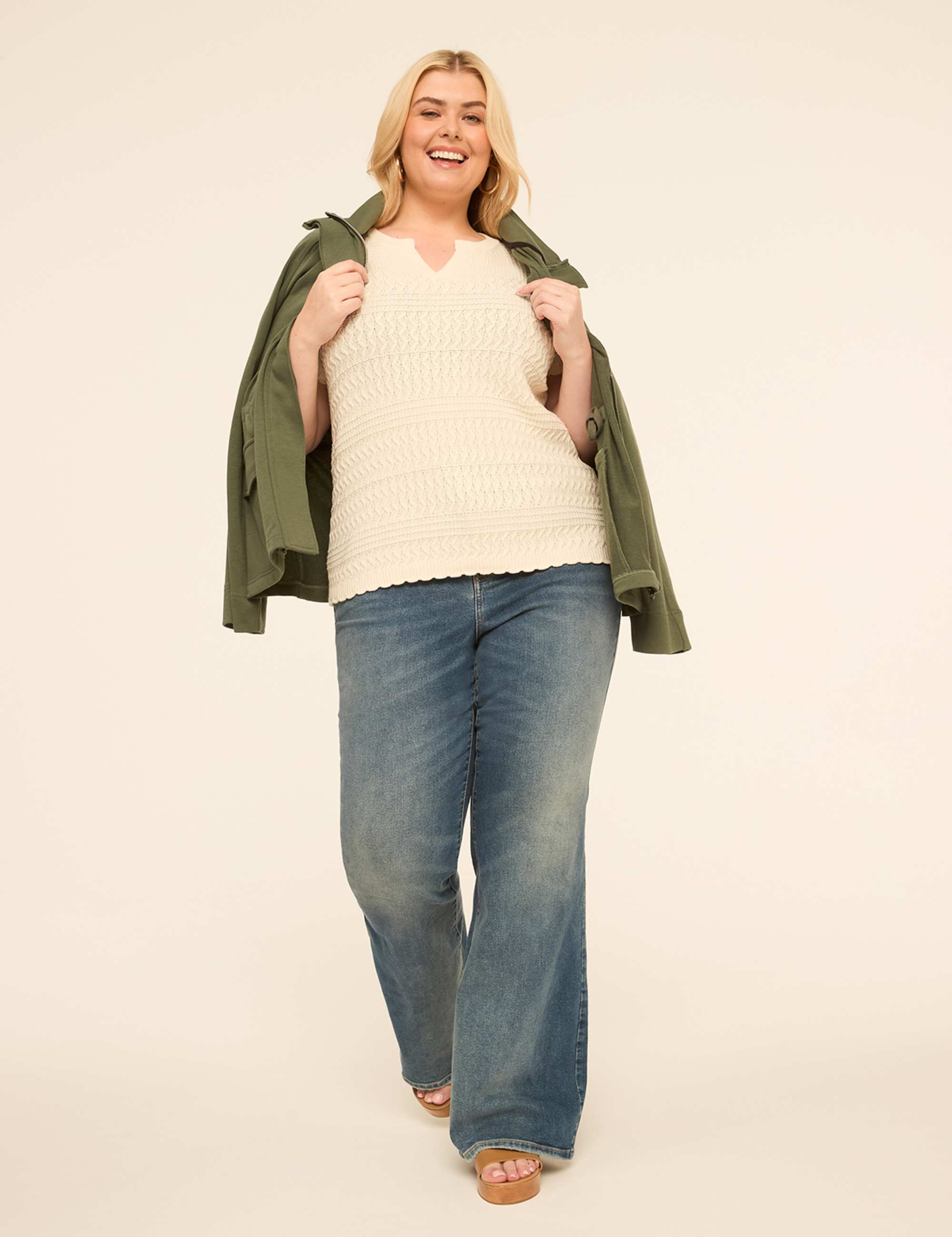 Short-Sleeve Notch-Neck Pointelle-Stitch Sweater
