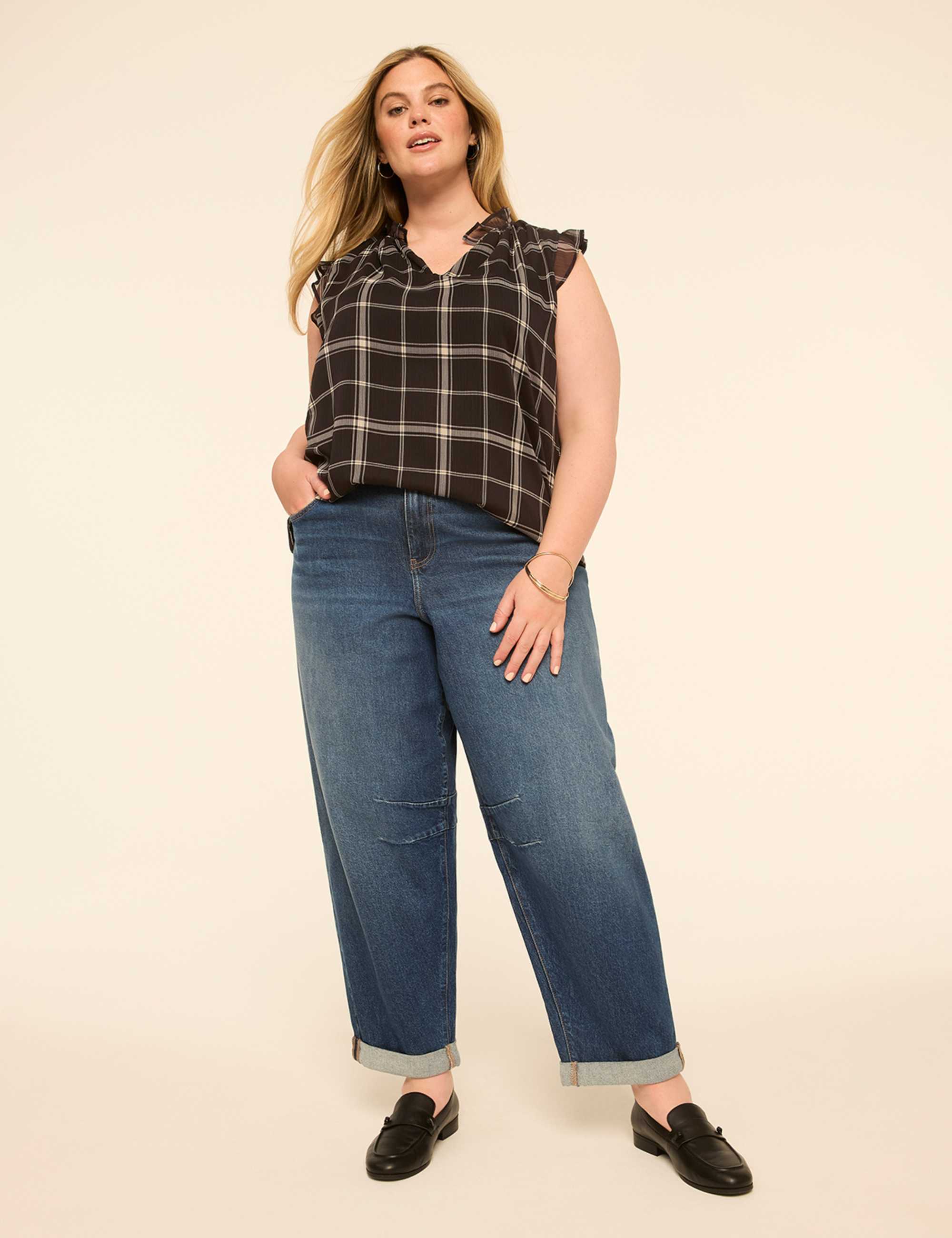 Ruffle-Sleeve Split-Neck Popover Blouse
