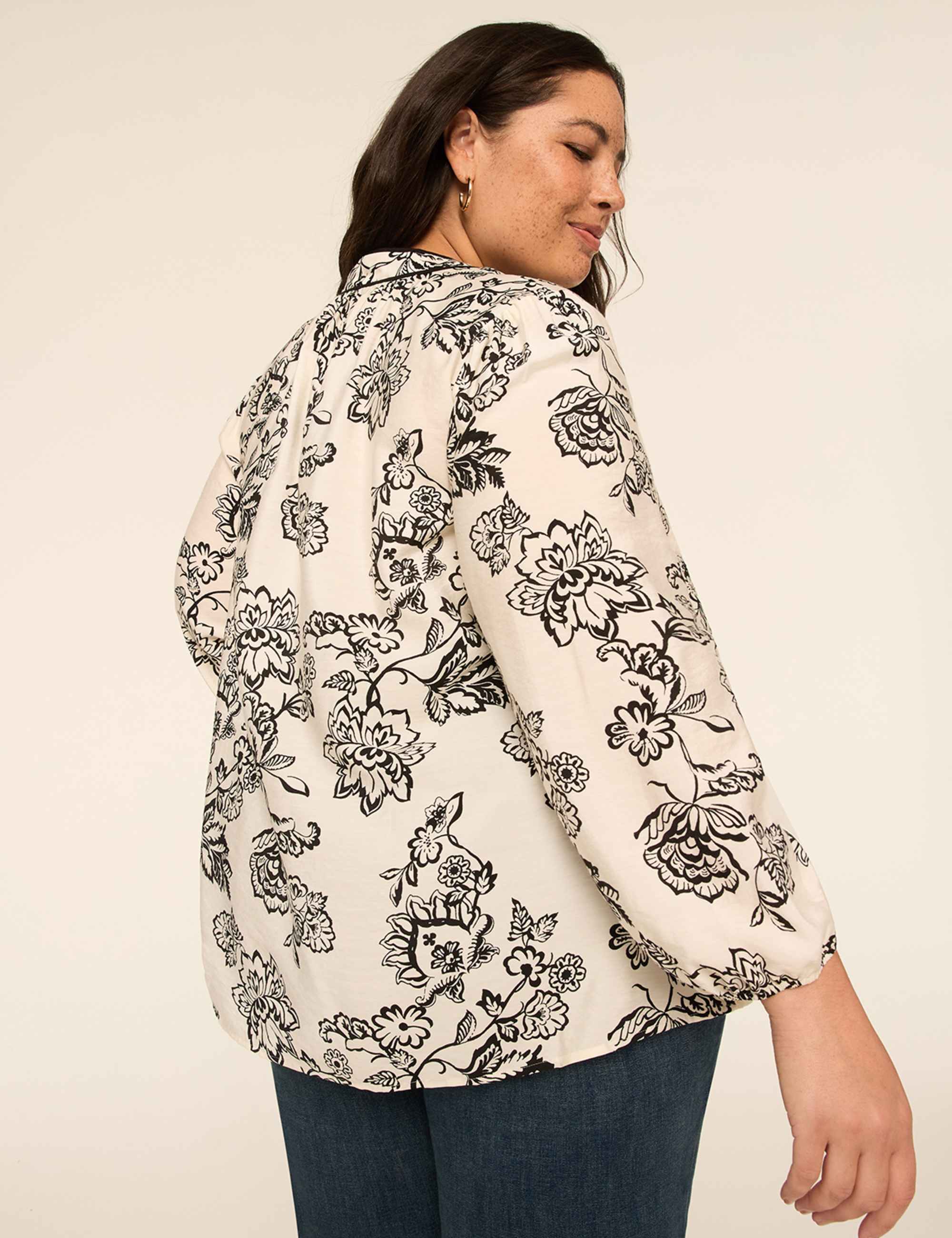Bracelet-Sleeve Split-Neck Popover Blouse