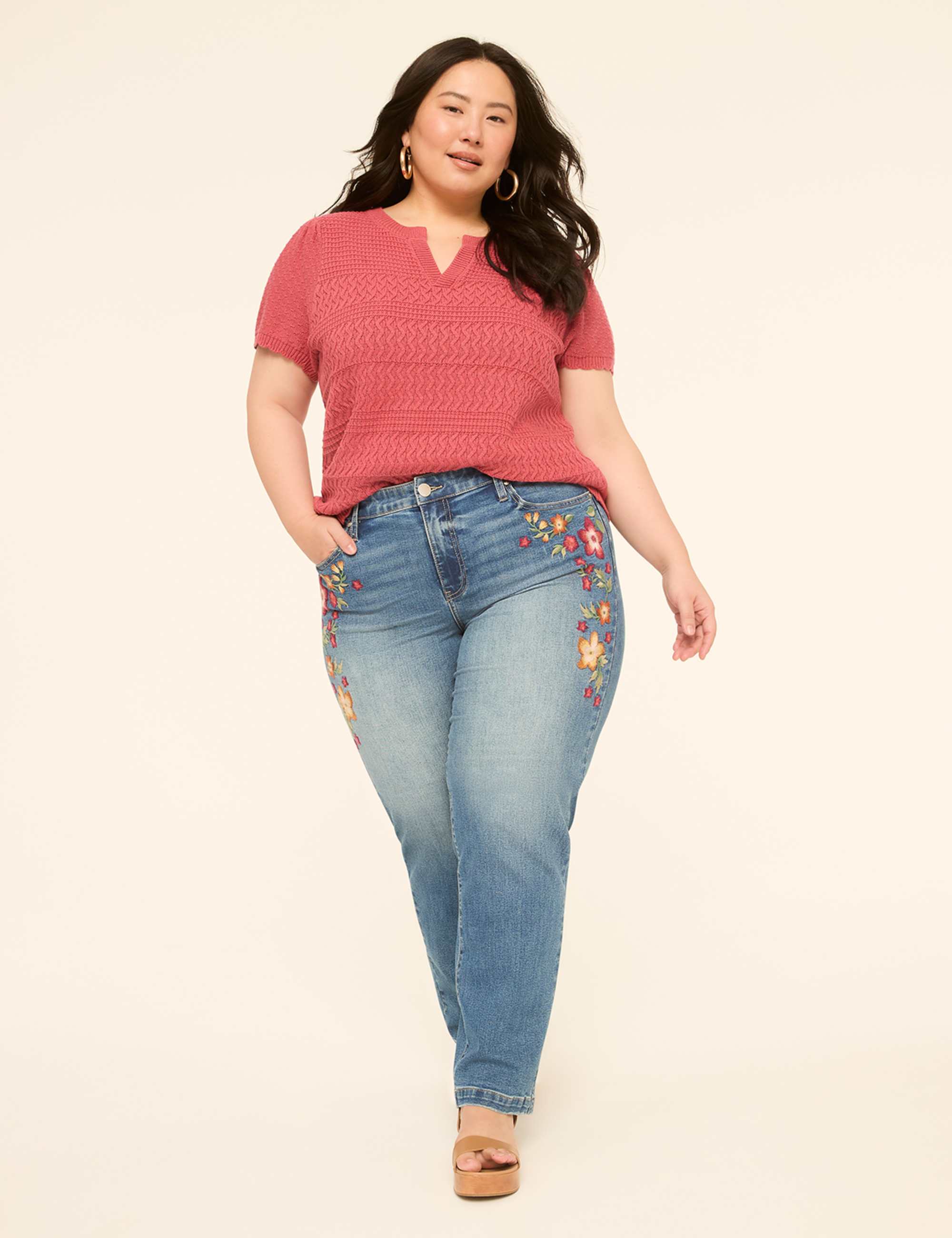 Short-Sleeve Notch-Neck Pointelle-Stitch Sweater