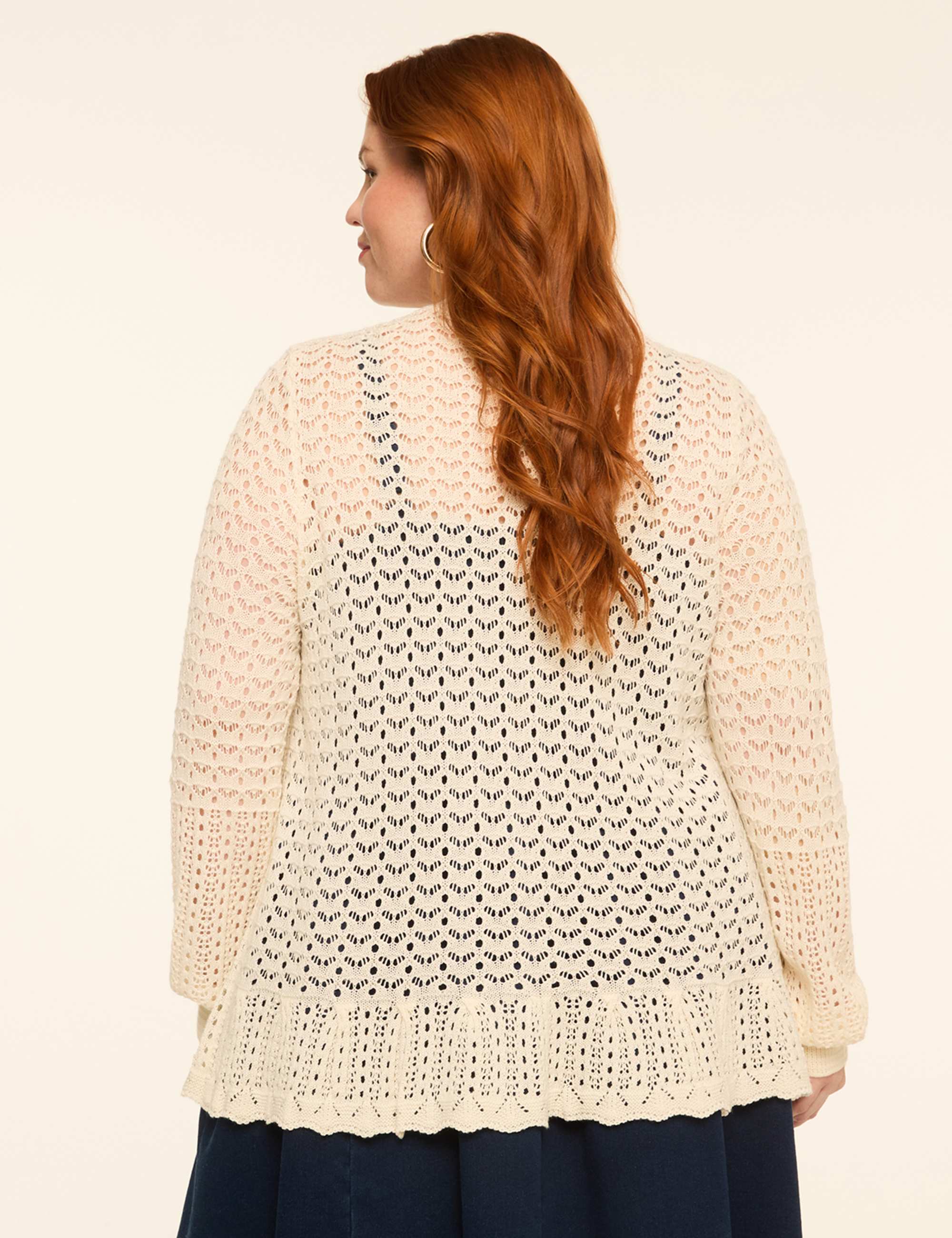 Ruffle-Hem Open-Front Cardigan