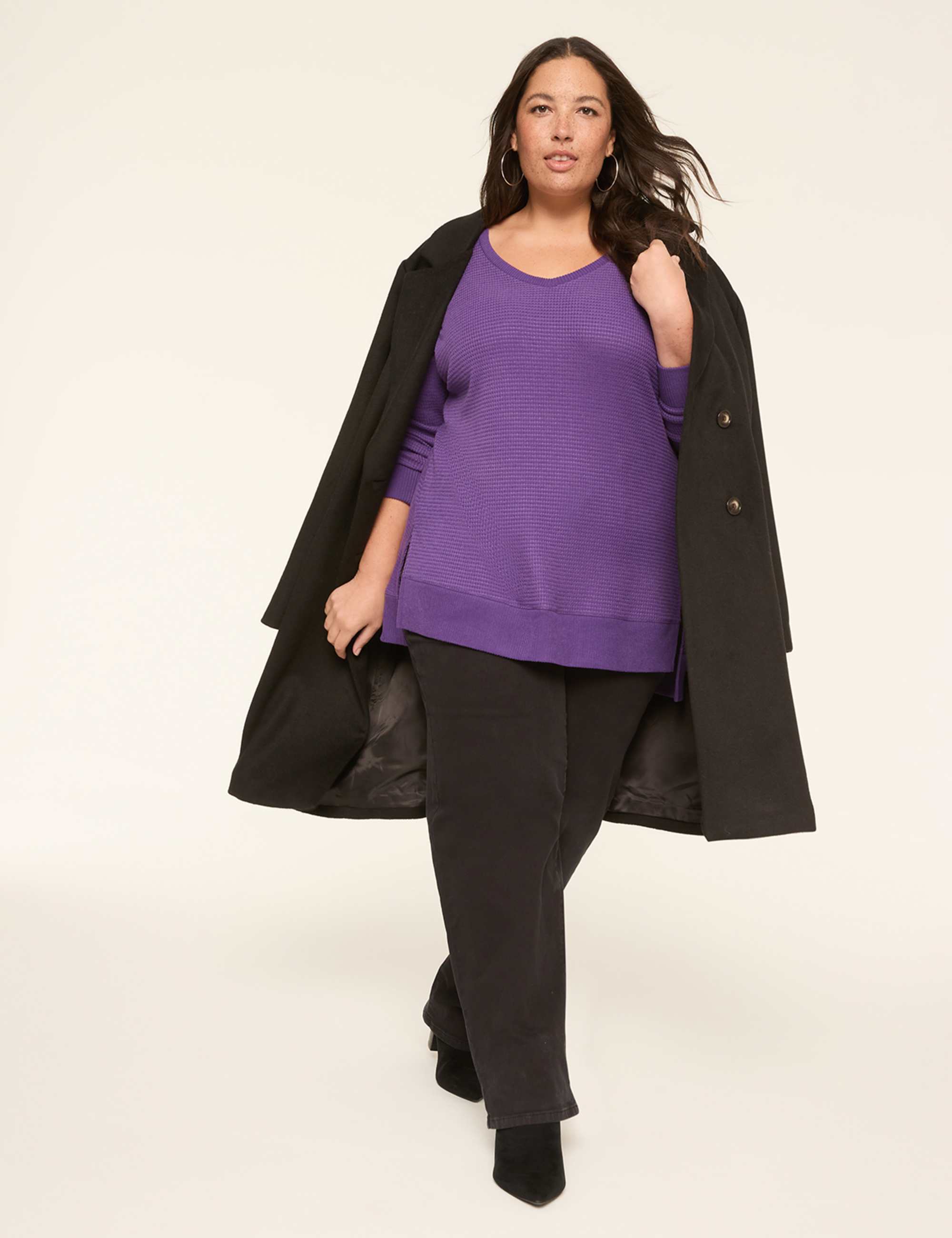 Long-Sleeve V-Neck Waffle Knit Top