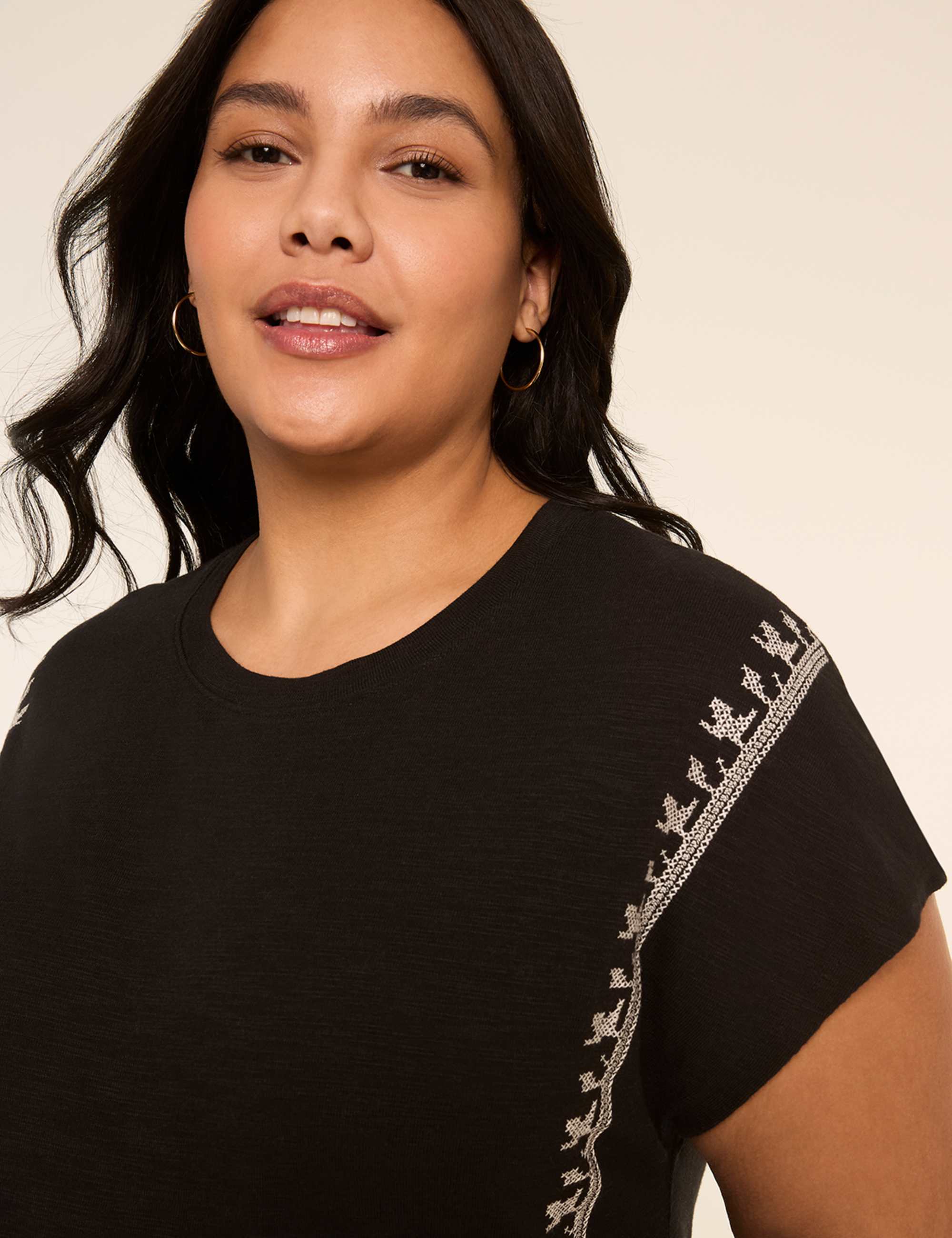 Embroidered Dolman-Sleeve Crew-Neck Top