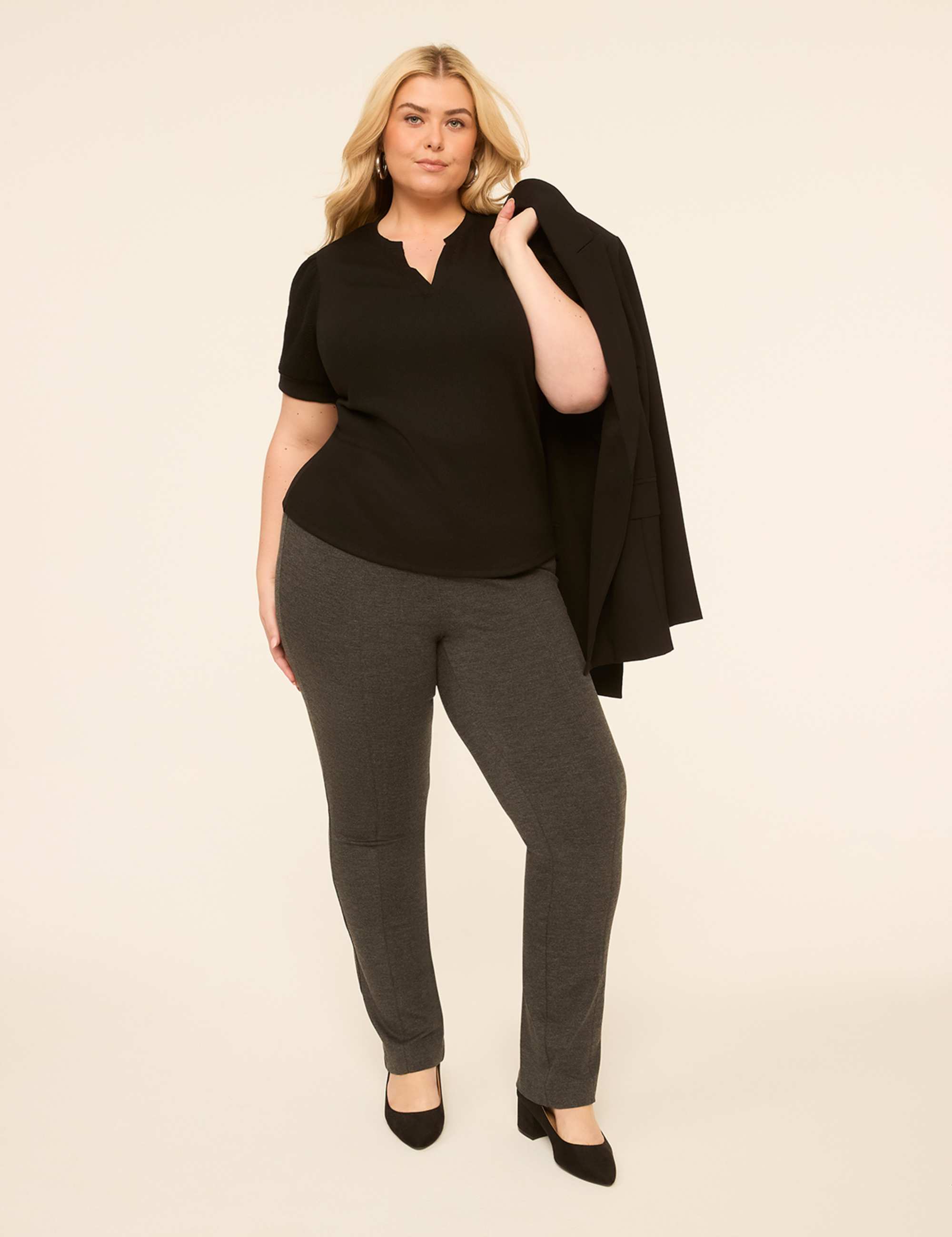Puff-Sleeve Notch-Neck Rib Top
