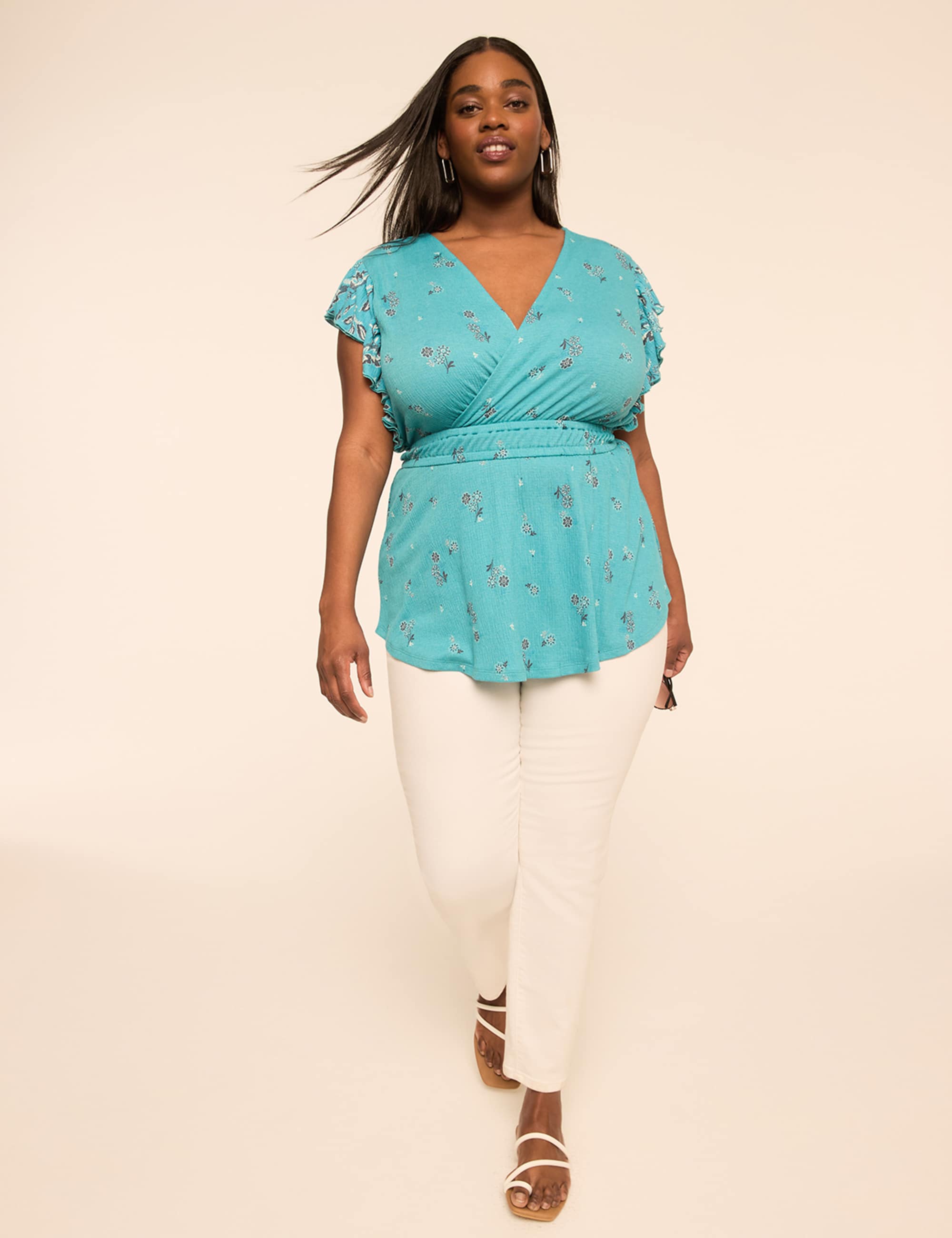 Double Flutter-Sleeve Faux-Wrap Peplum Top