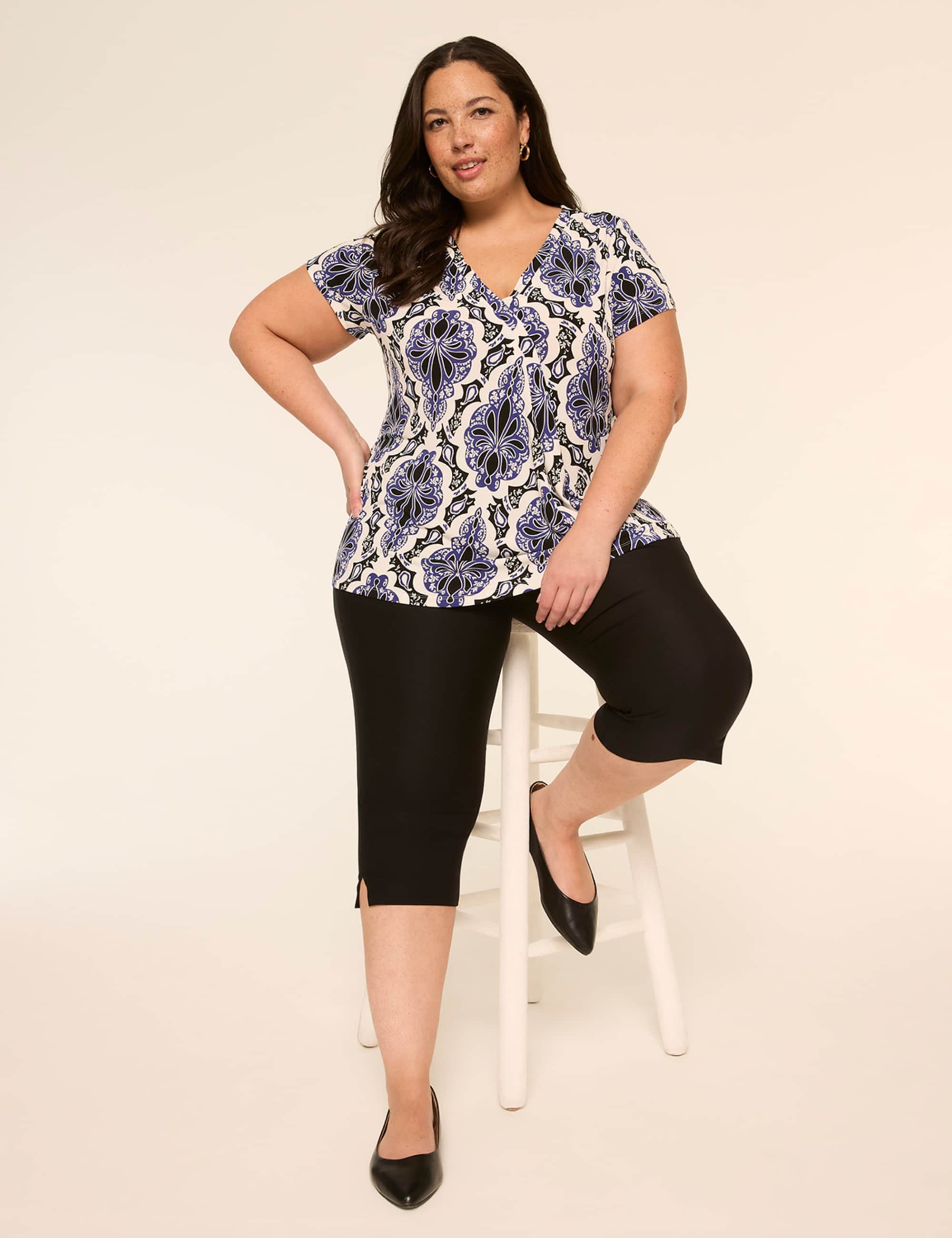 Swing Cap-Sleeve Pleat-Front Top