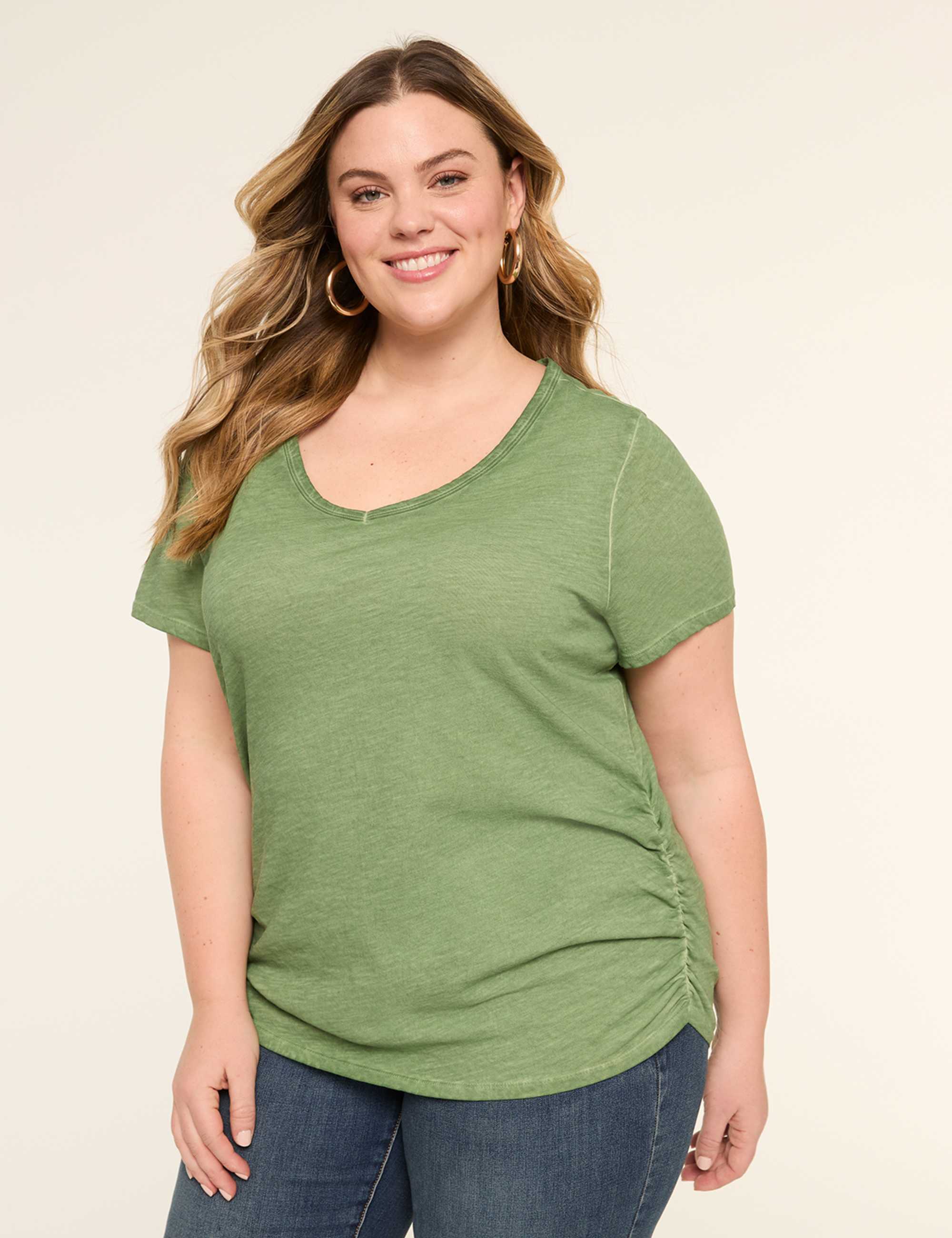 Short-Sleeve V-Neck Side-Ruched Tee