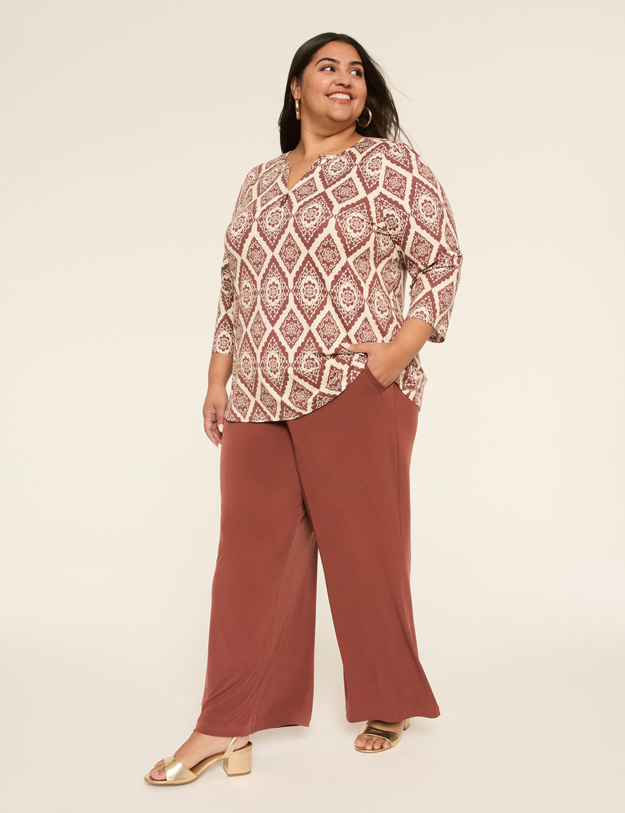 3/4-Sleeve Notch-Neck Keyhole Tee