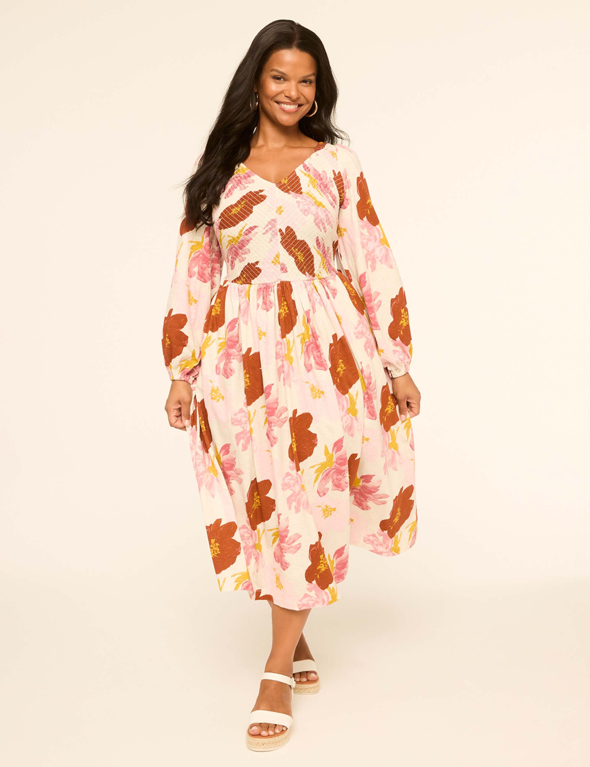 Long-Sleeve Smocked-Bodice Midi Dress