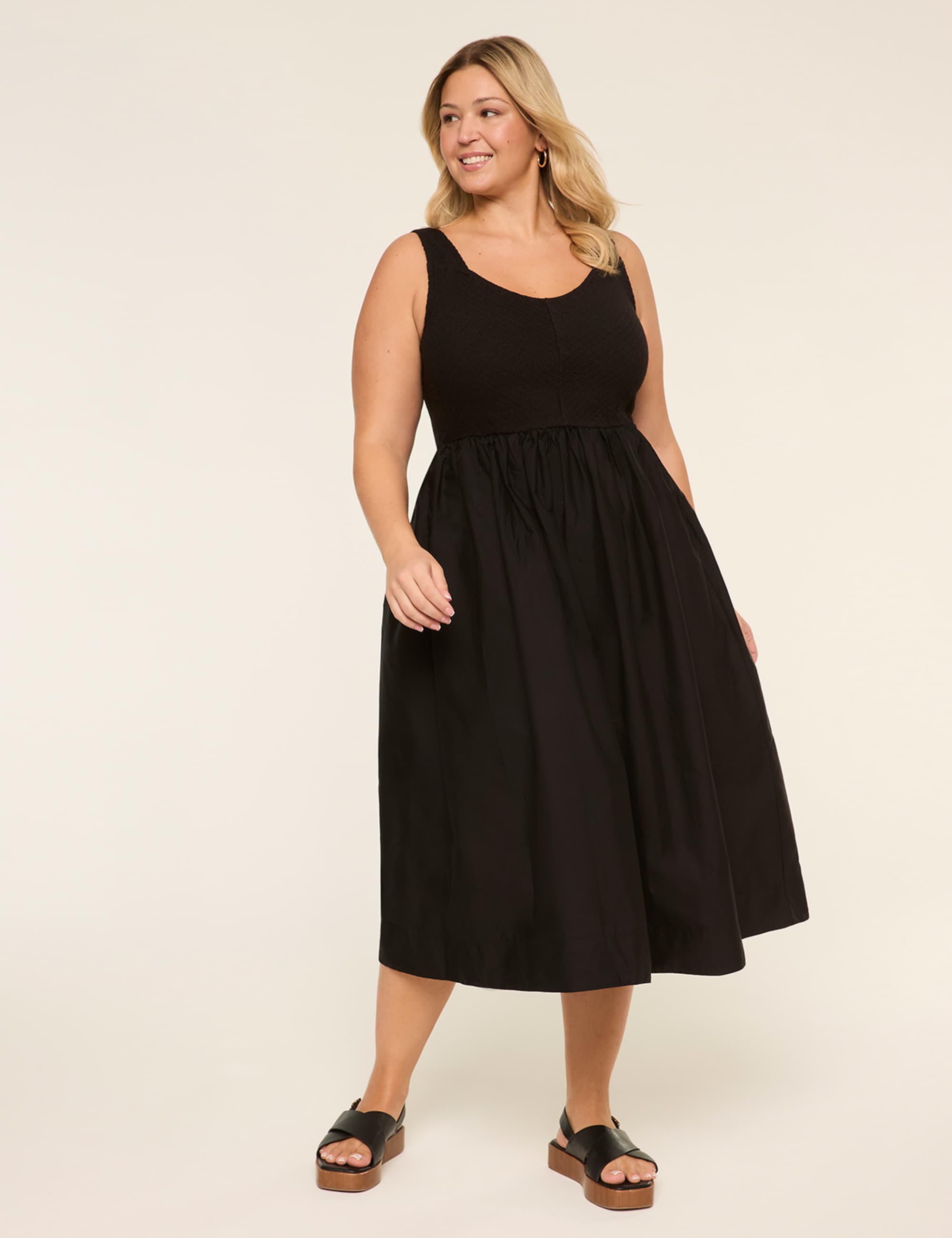 V-Neck Smocked-Bodice Midi Dress
