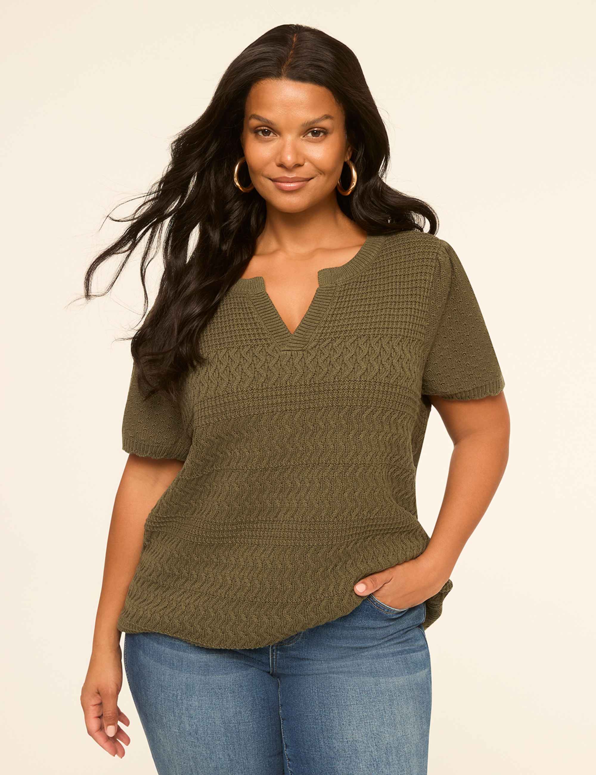 Short-Sleeve Notch-Neck Pointelle-Stitch Sweater