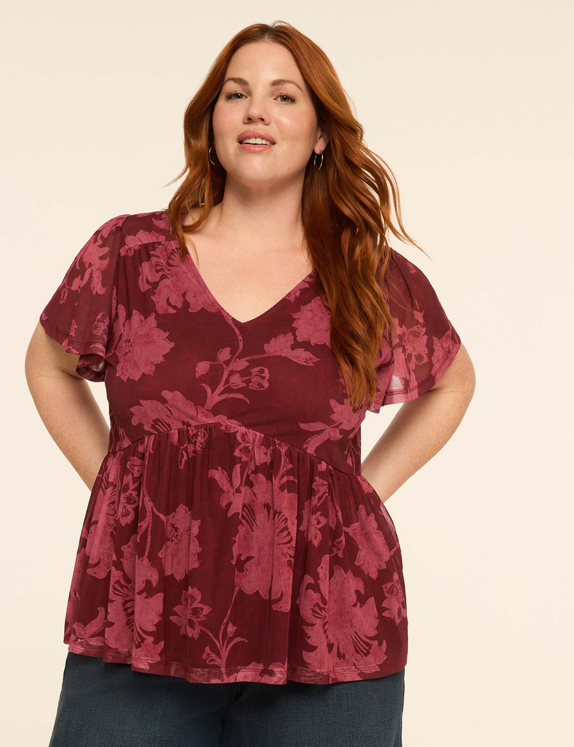 Flutter-Sleeve Mesh Peplum Top