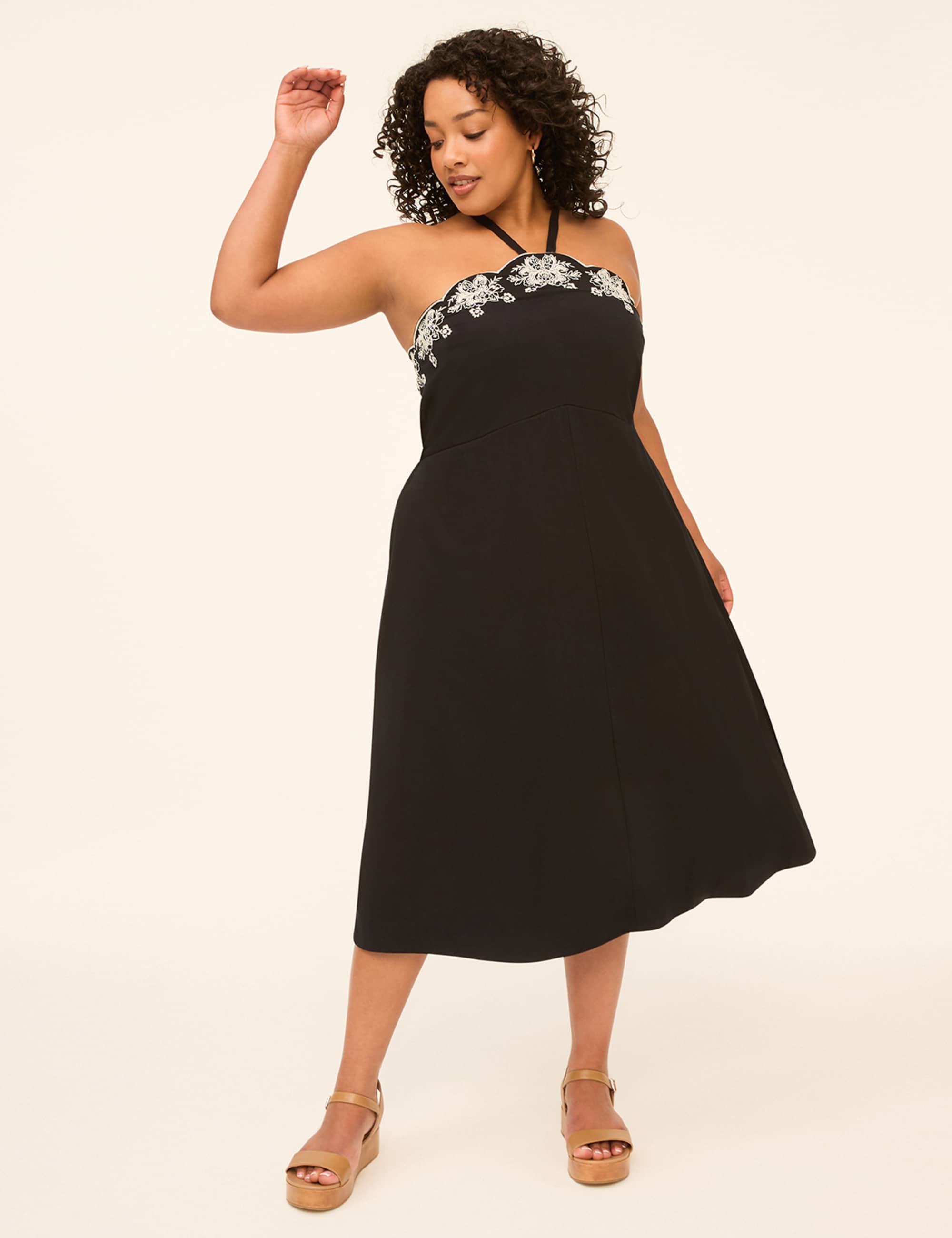 Embroidered Halter-Neck Midi Dress