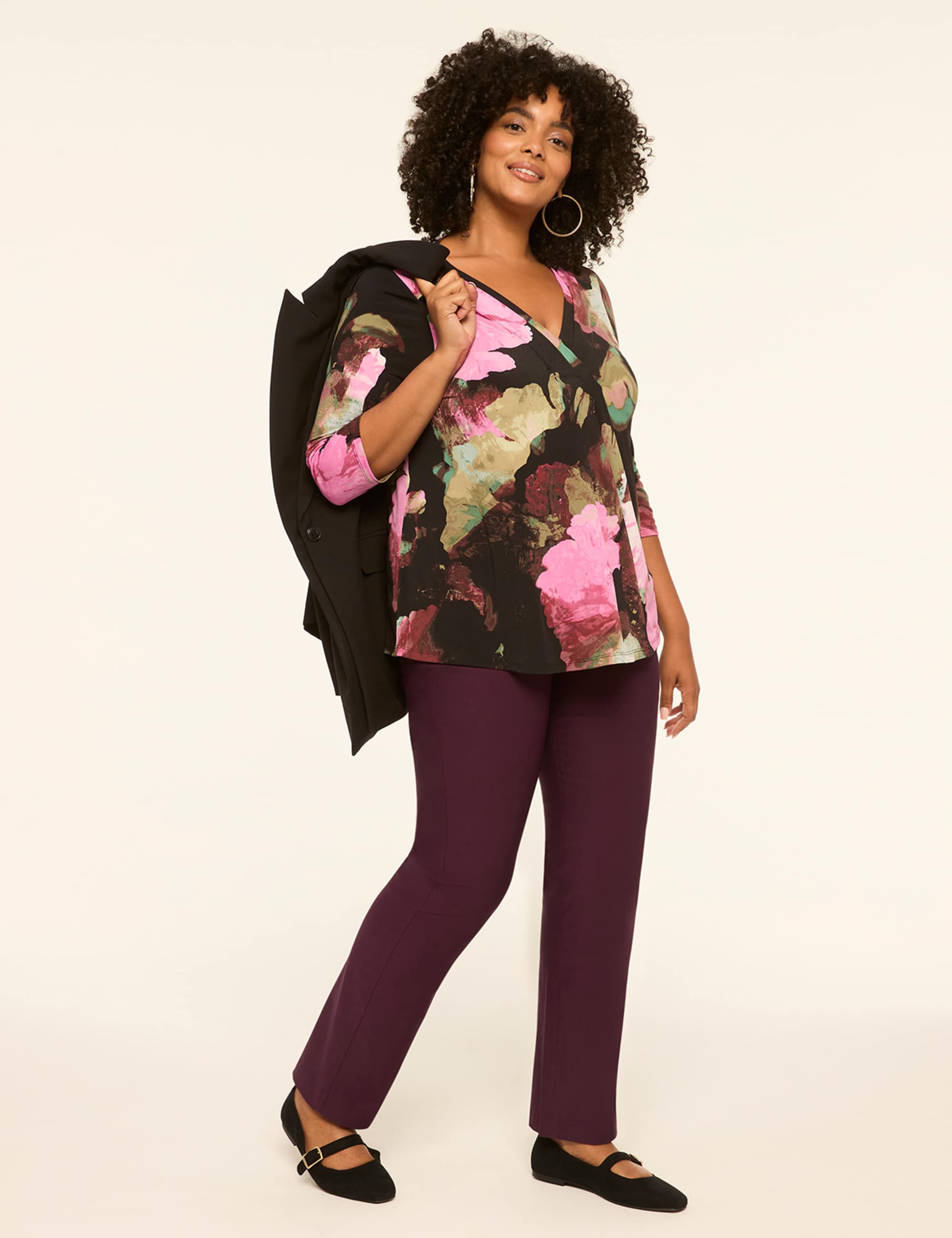 Swing 3/4-Sleeve Pleat-Front Top