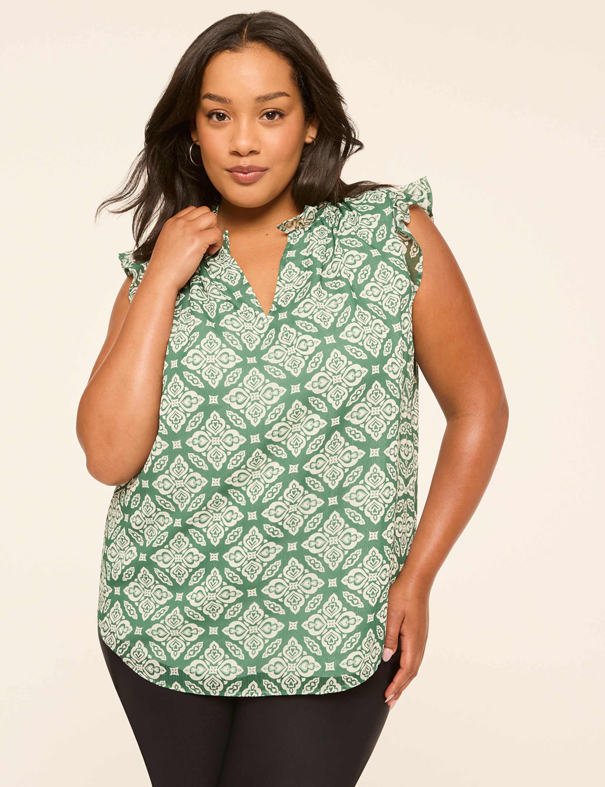 Ruffle-Sleeve Split-Neck Popover Blouse