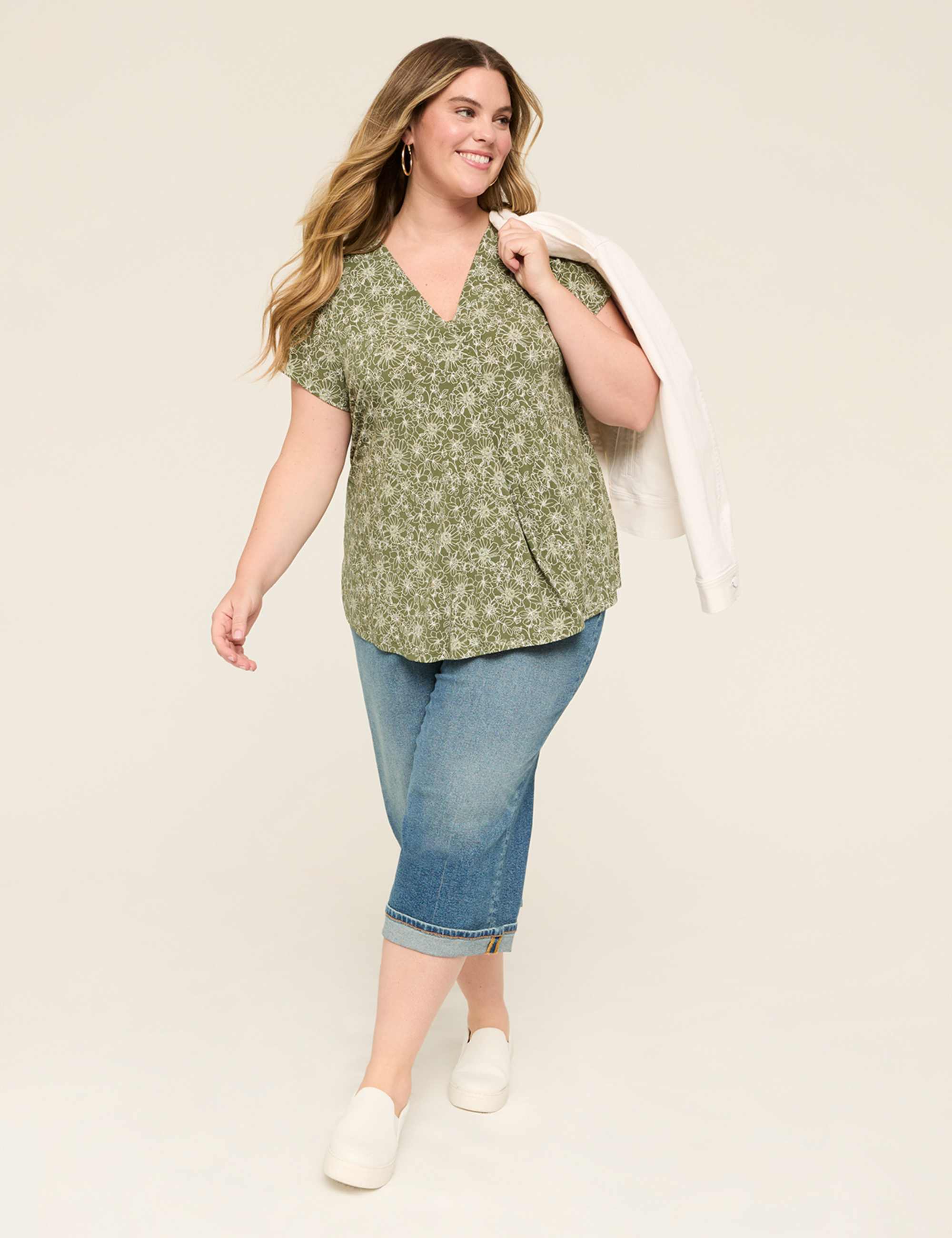 Cap-Sleeve Pleat-Front Top