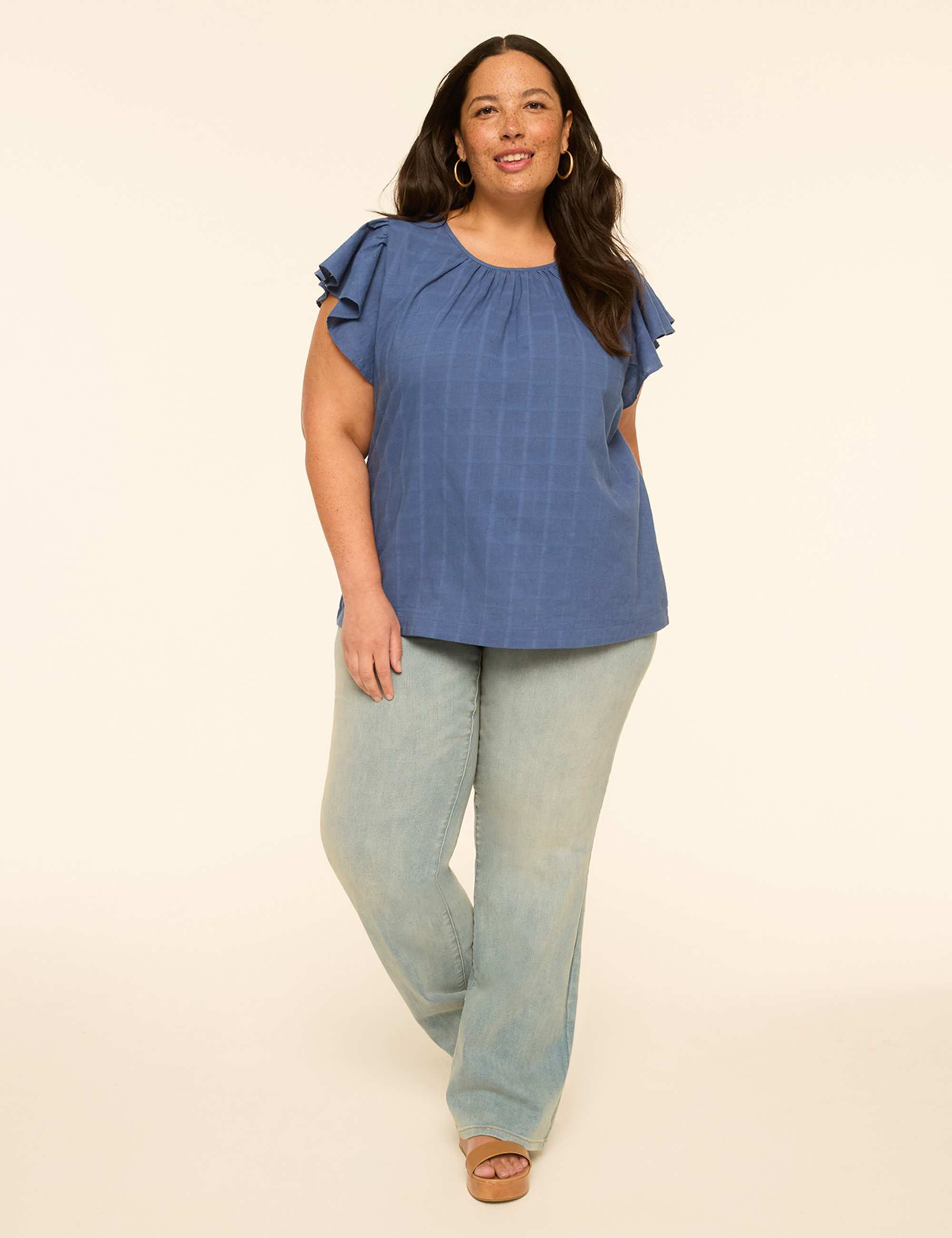 Flutter-Sleeve Scoop-Neck Popover Blouse