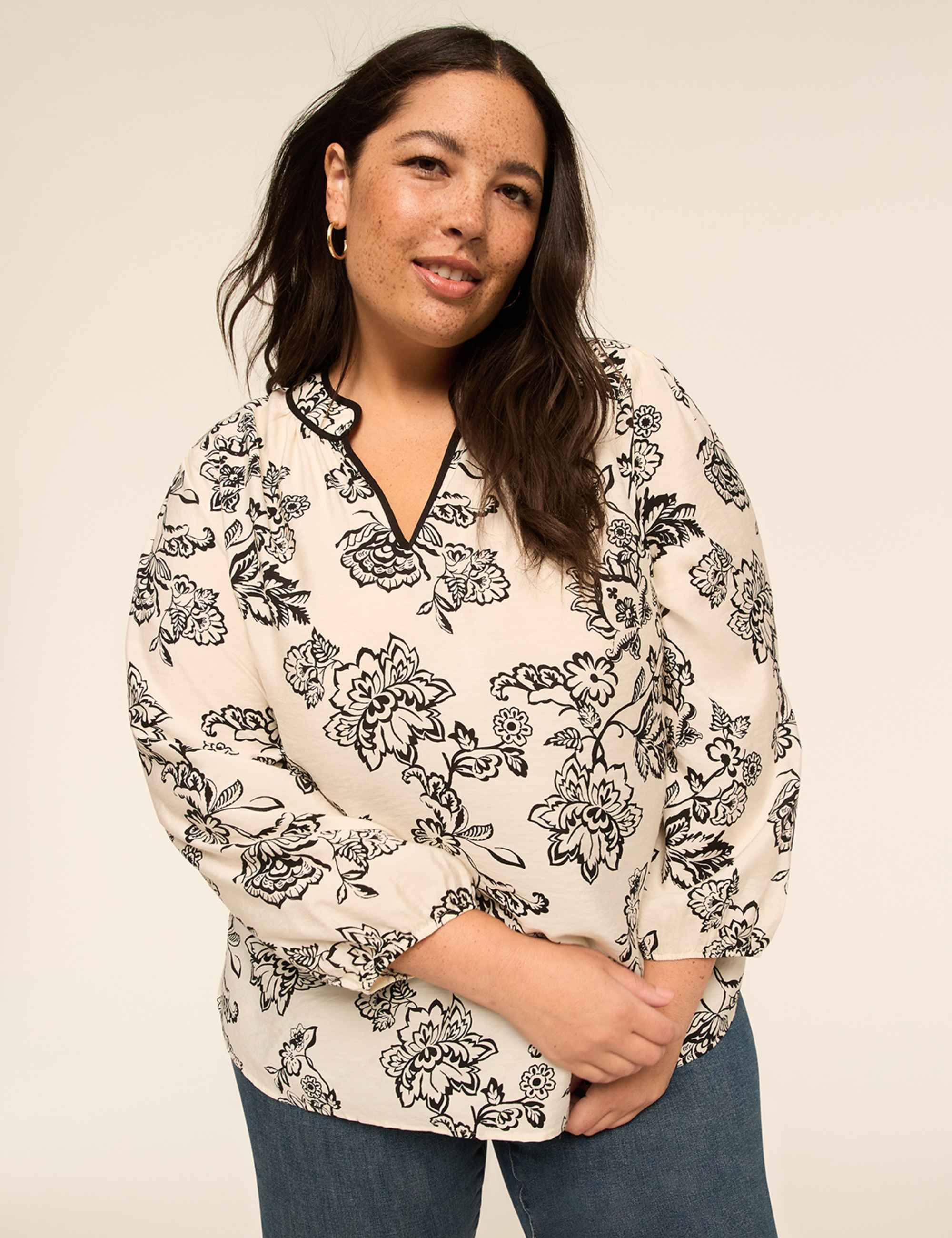 Bracelet-Sleeve Split-Neck Popover Blouse