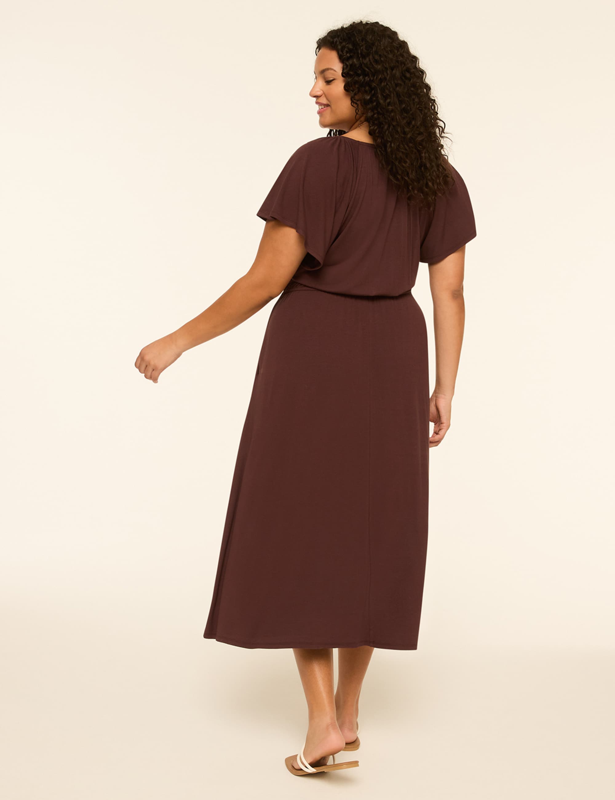 Flutter-Sleeve Smocked-Waist Midi Dress