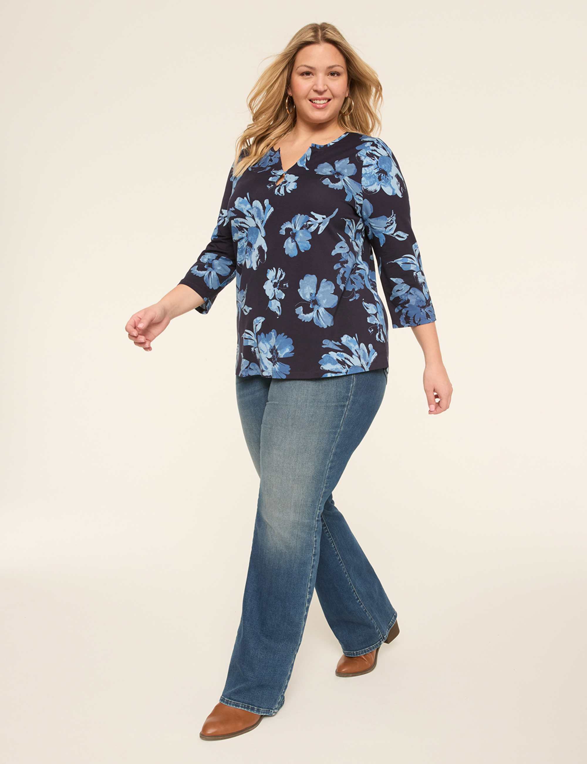 3/4-Sleeve Notch-Neck Keyhole Tee