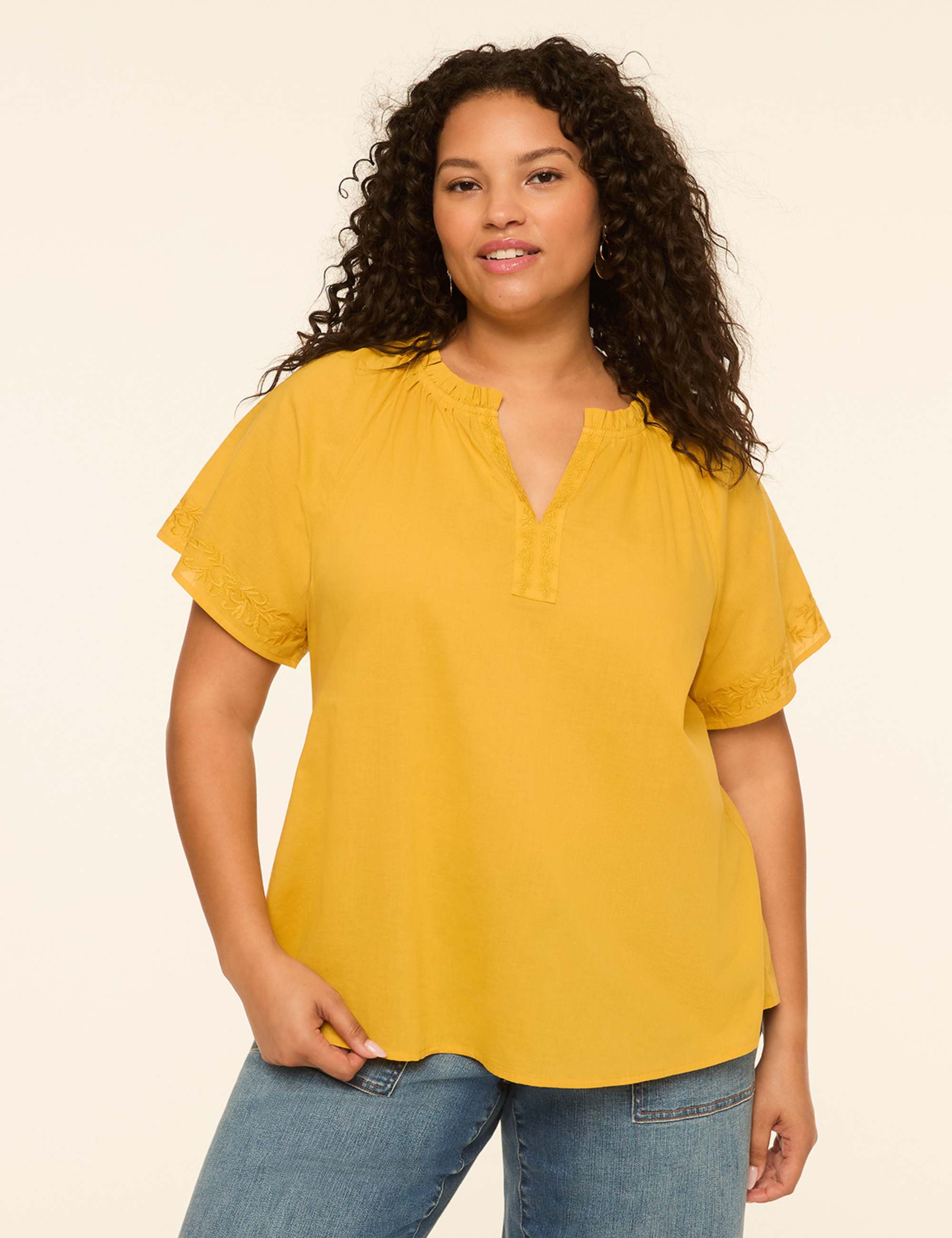 Embroidered Flutter-Sleeve Split-Neck Popover Blouse