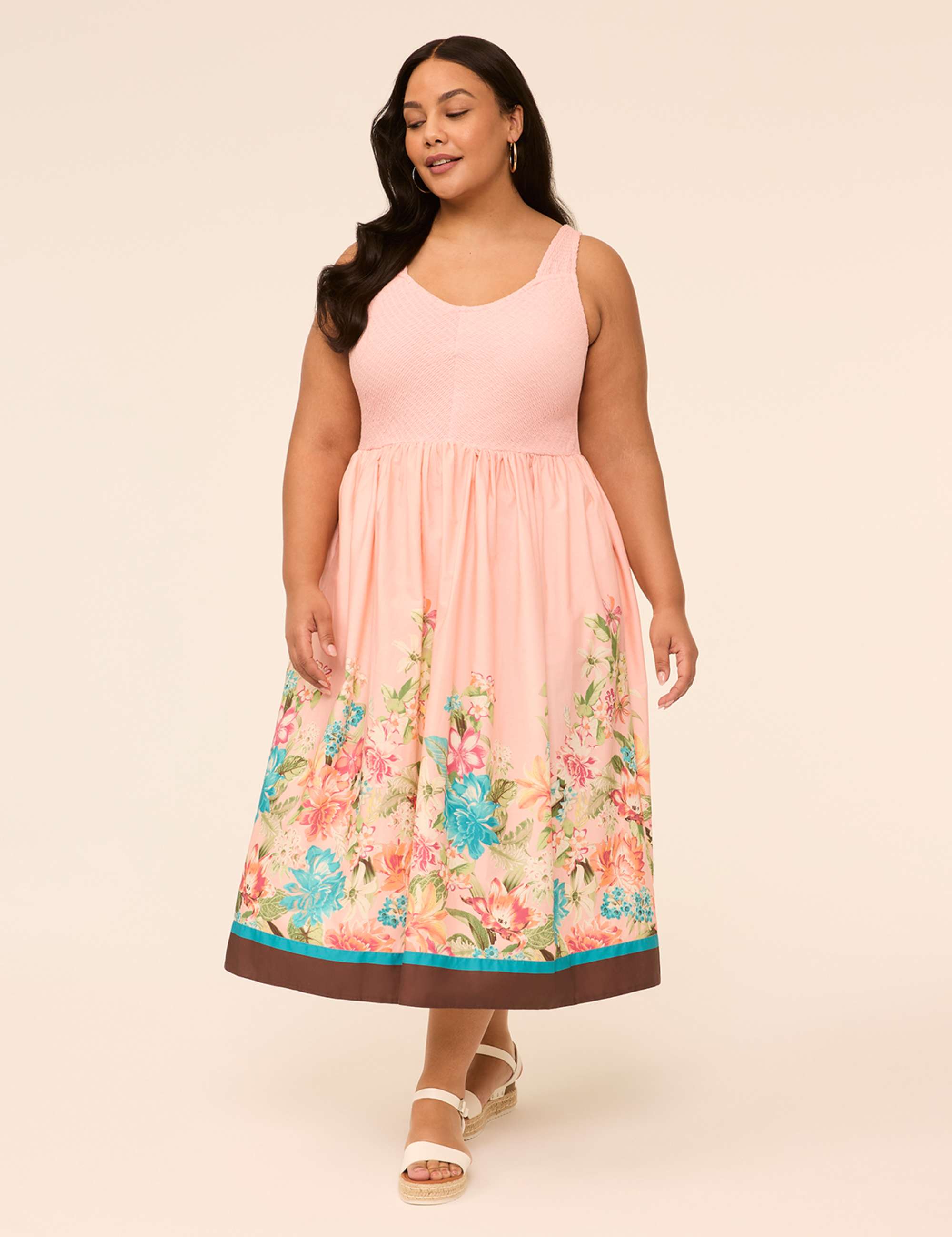 V-Neck Smocked-Bodice Midi Dress