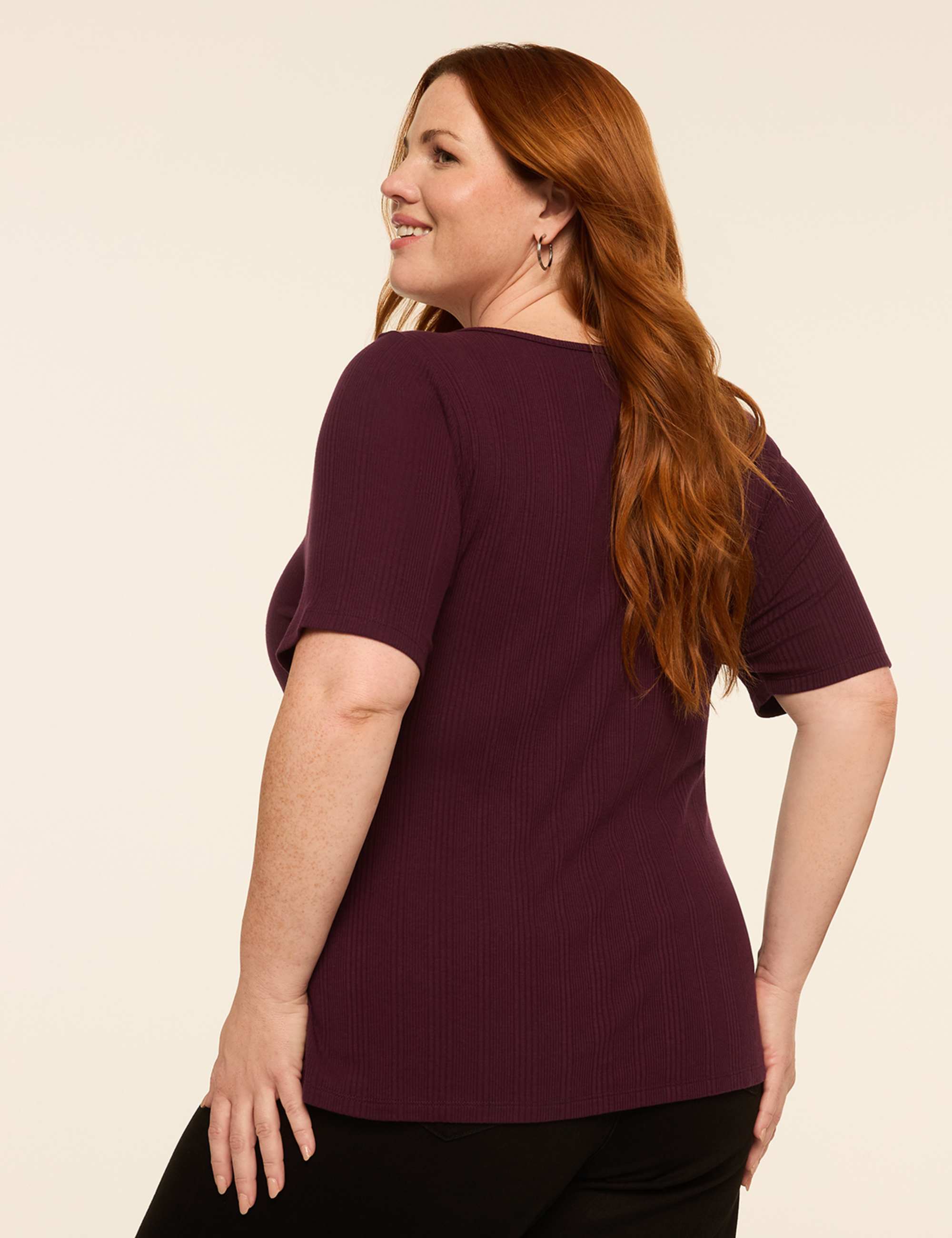 Elbow-Sleeve V-Neck Rib Top