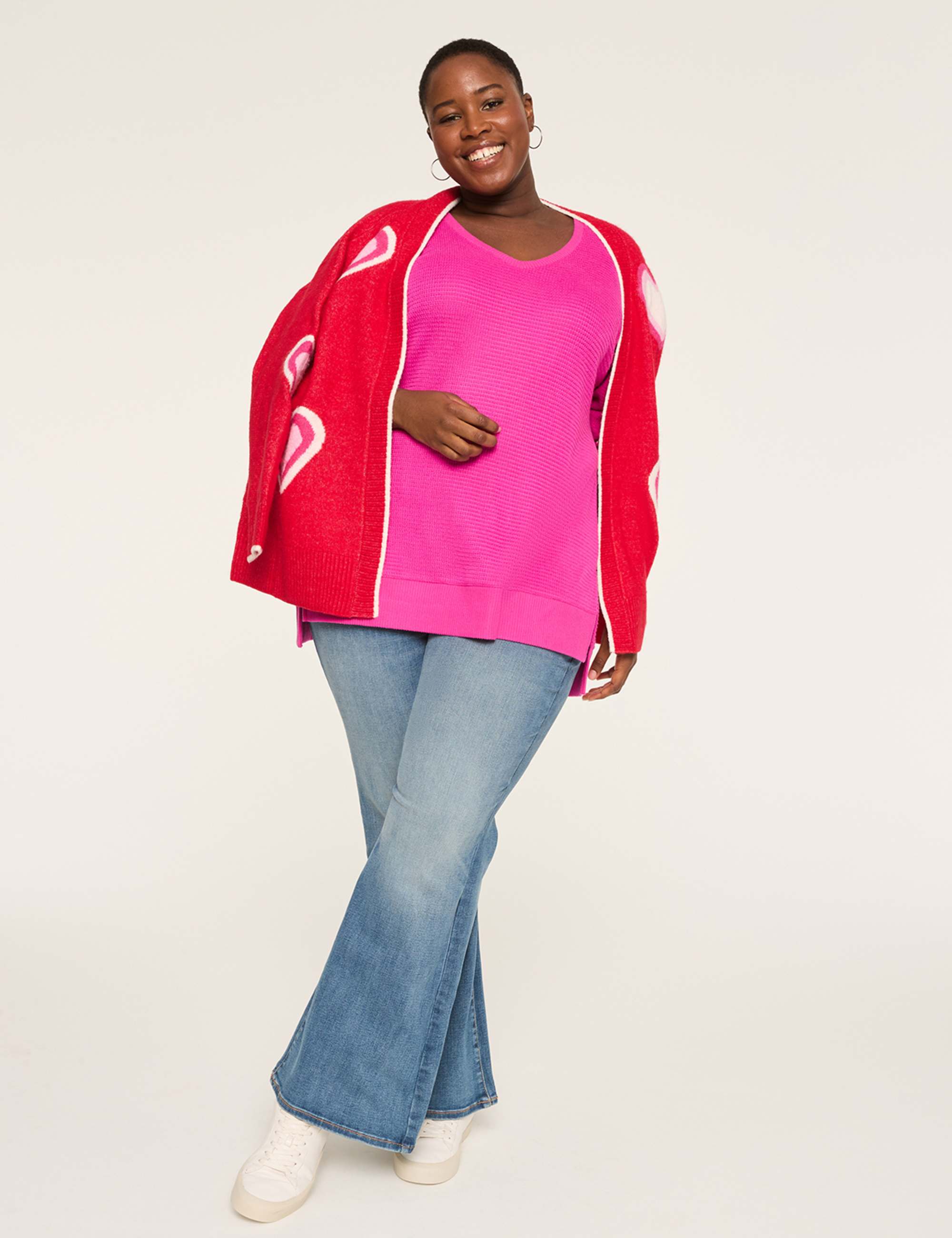Long-Sleeve V-Neck Waffle Knit Top