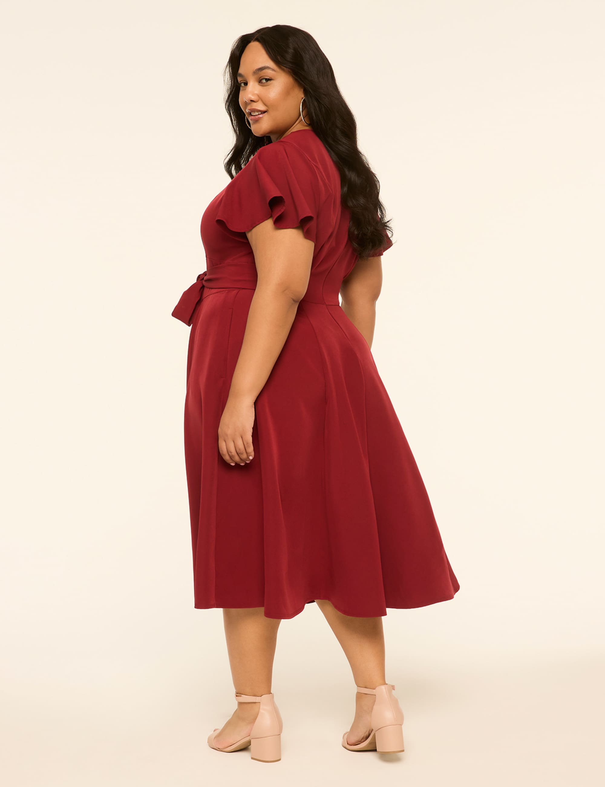 Lena Flutter-Sleeve V-Neck Midi Dress