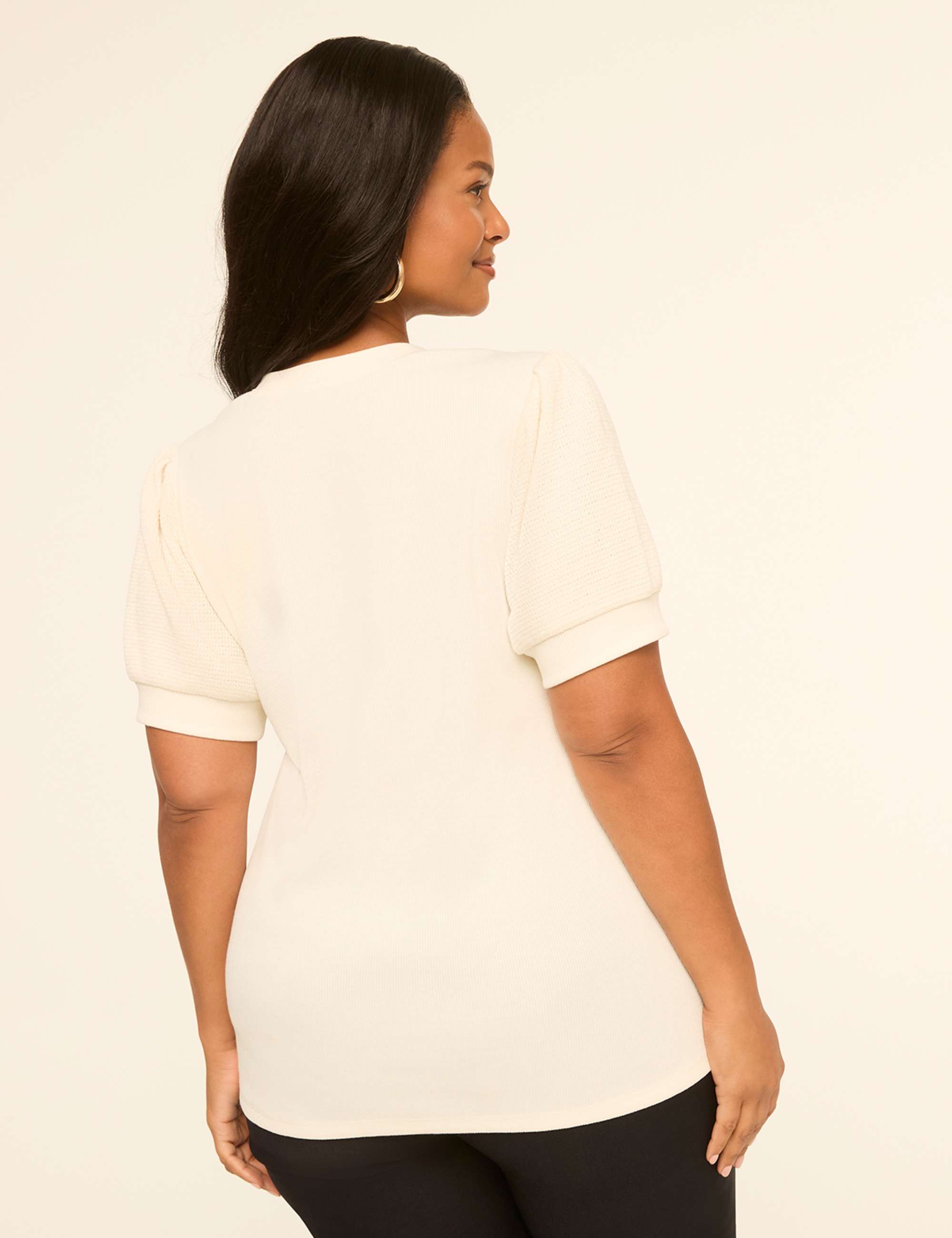 Puff-Sleeve Notch-Neck Rib Top