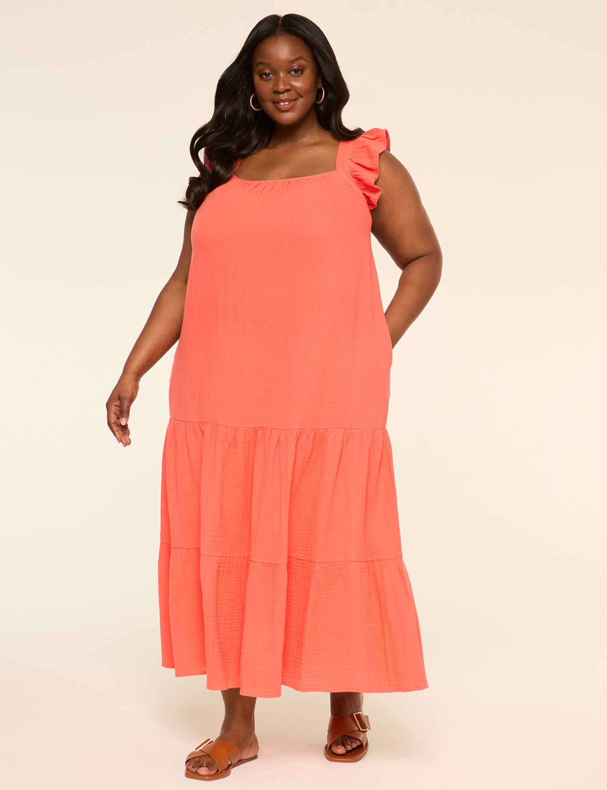 Ruffle-Sleeve Tiered Gauze Maxi Dress
