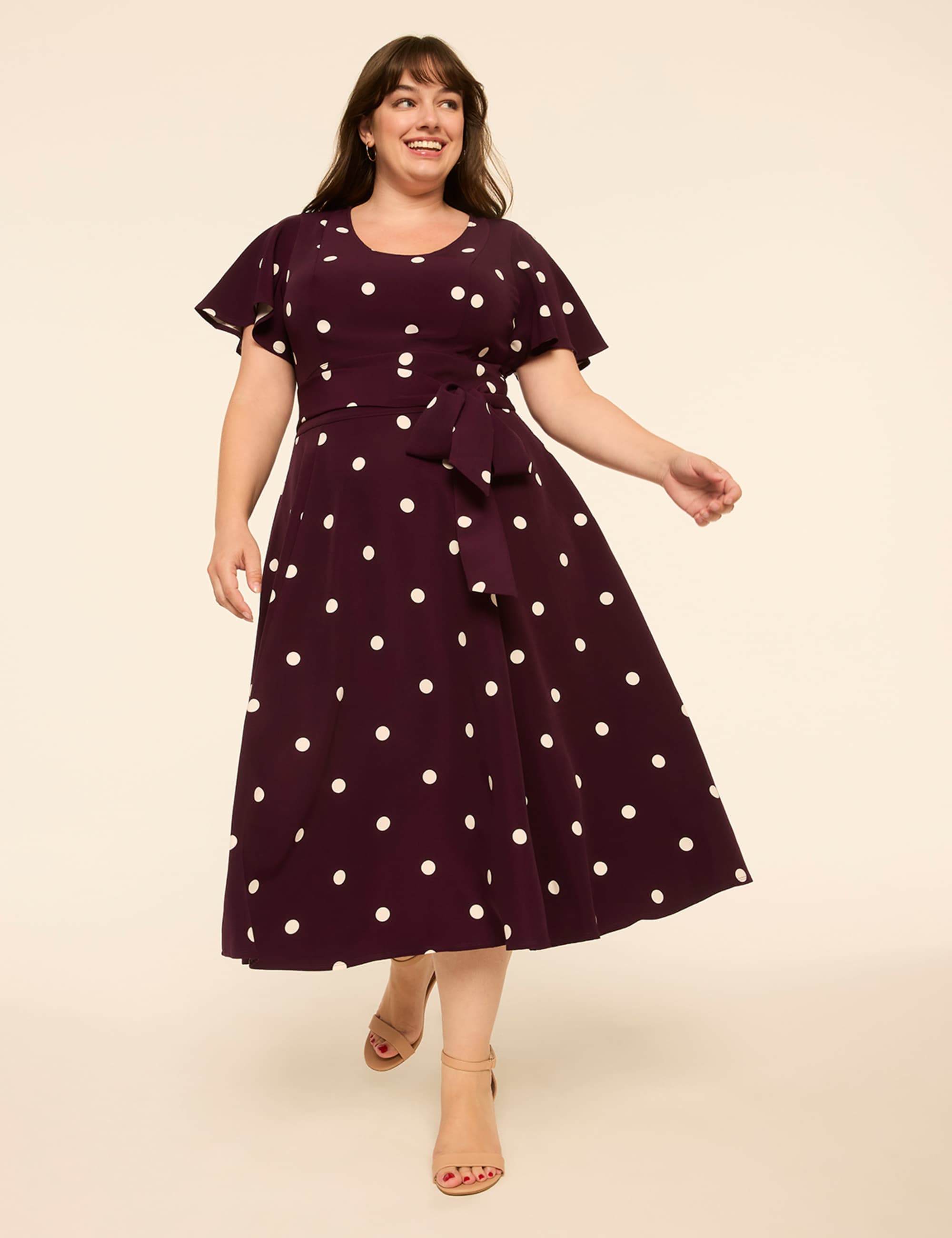 Lena Flutter-Sleeve V-Neck Midi Dress