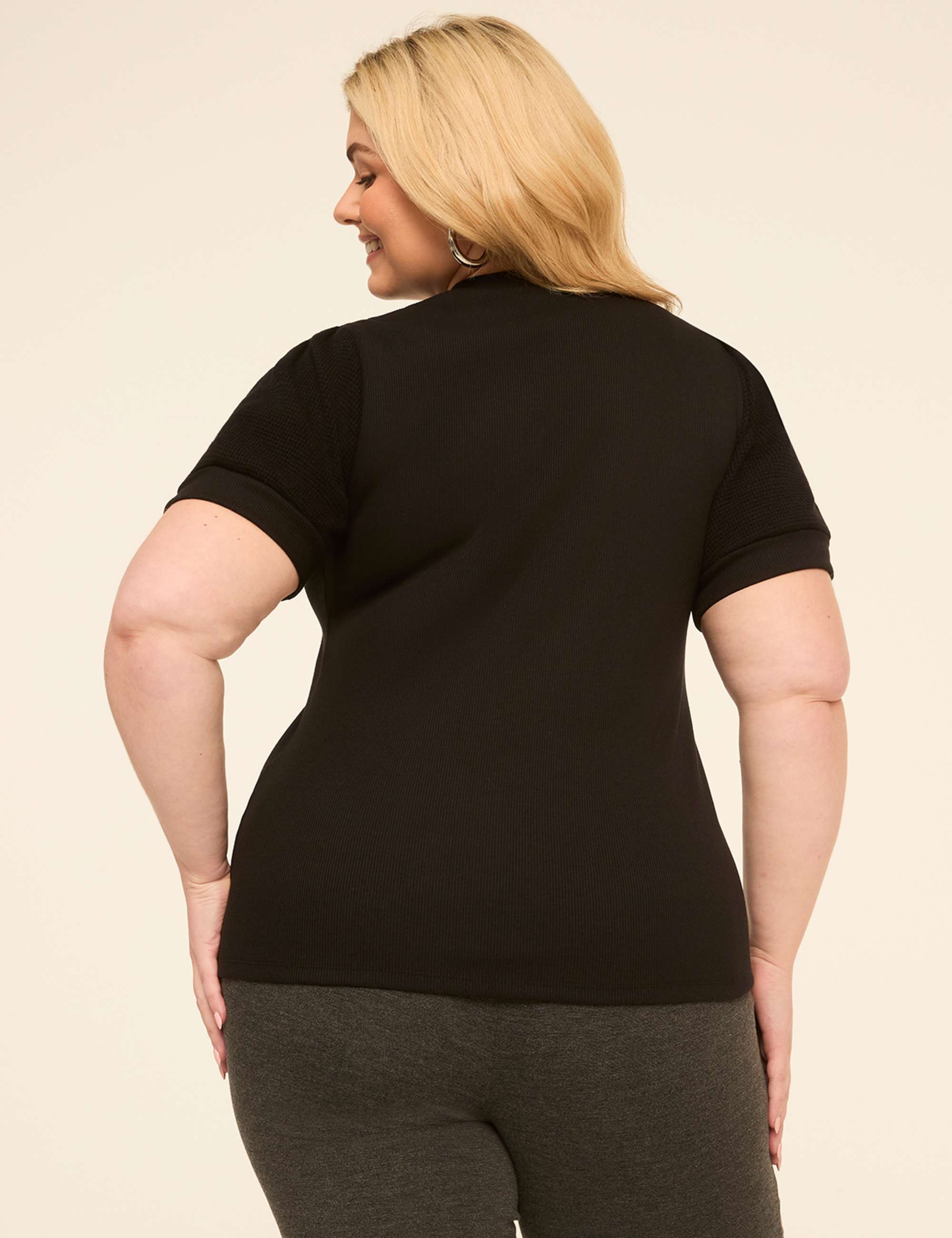 Puff-Sleeve Notch-Neck Rib Top