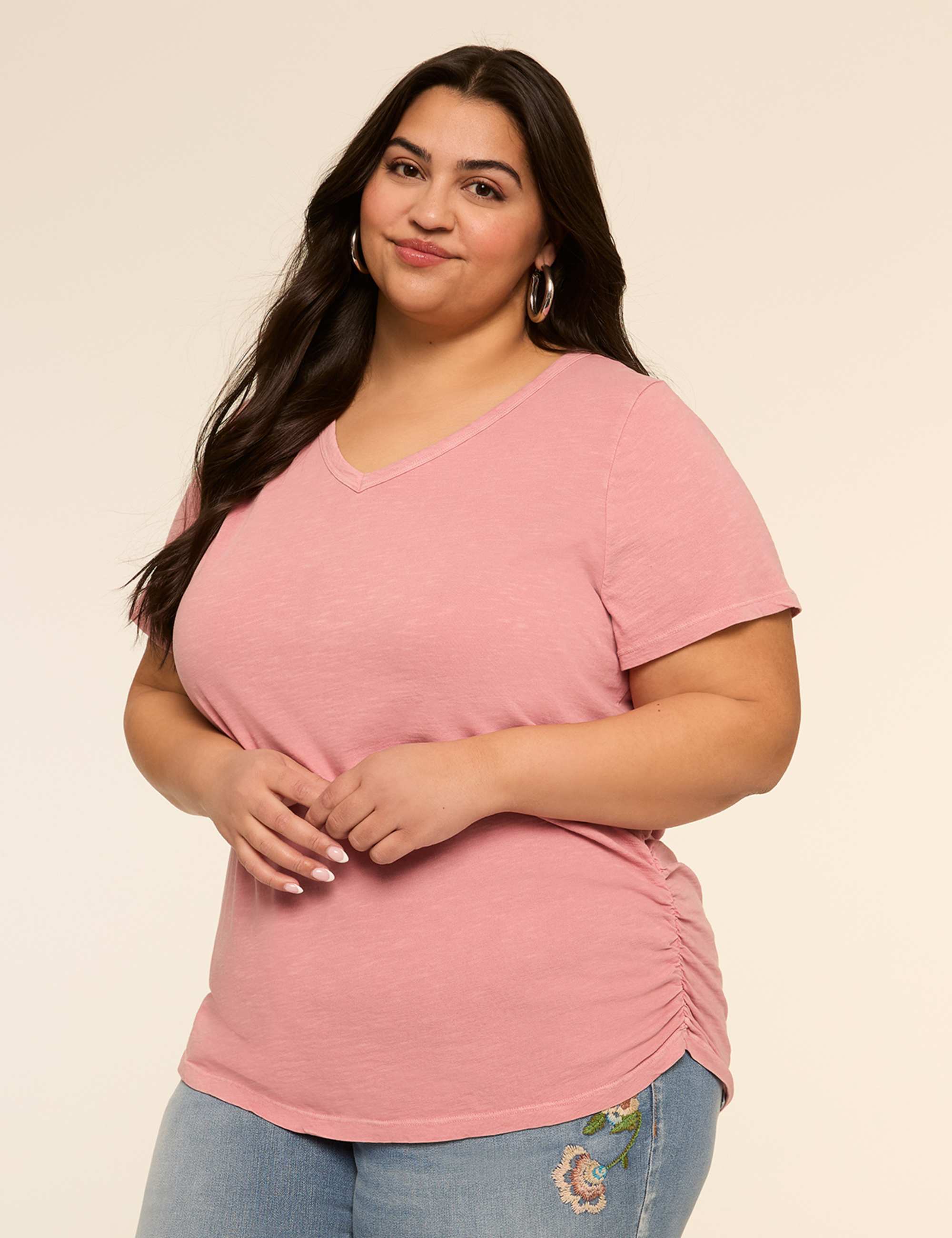 Short-Sleeve V-Neck Side-Ruched Tee