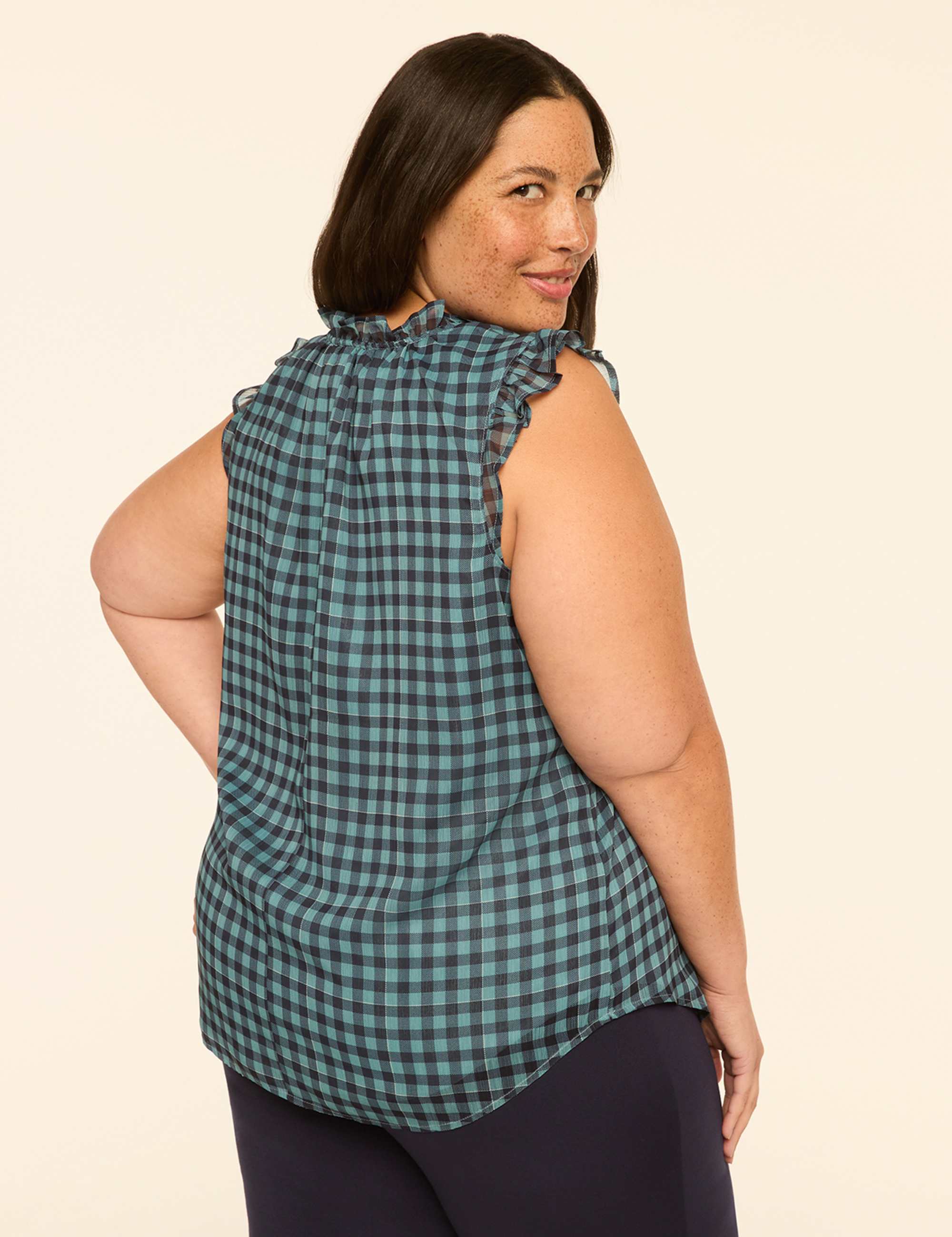 Ruffle-Sleeve Split-Neck Popover Blouse