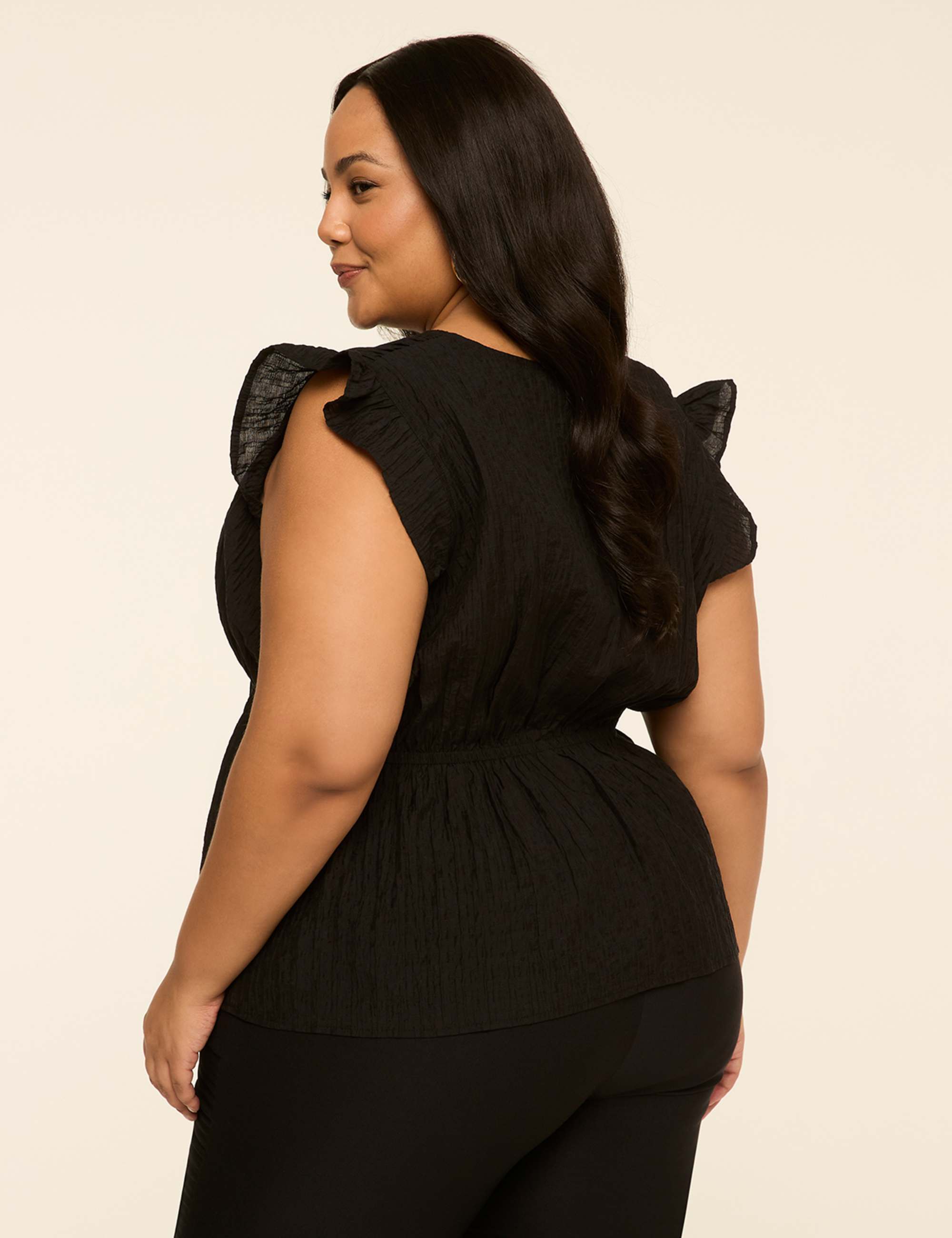 Ruffle-Sleeve Tie-Neck Peplum Top