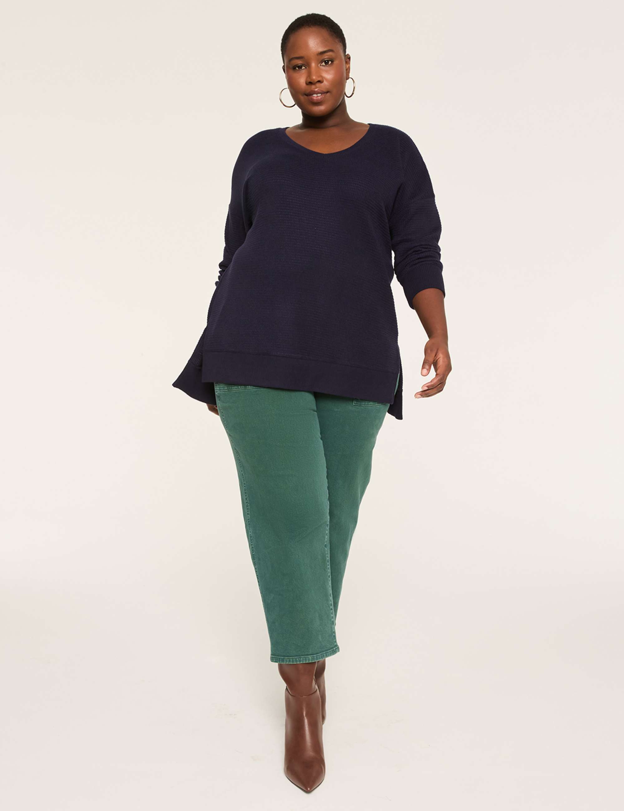 Long-Sleeve V-Neck Waffle Knit Top