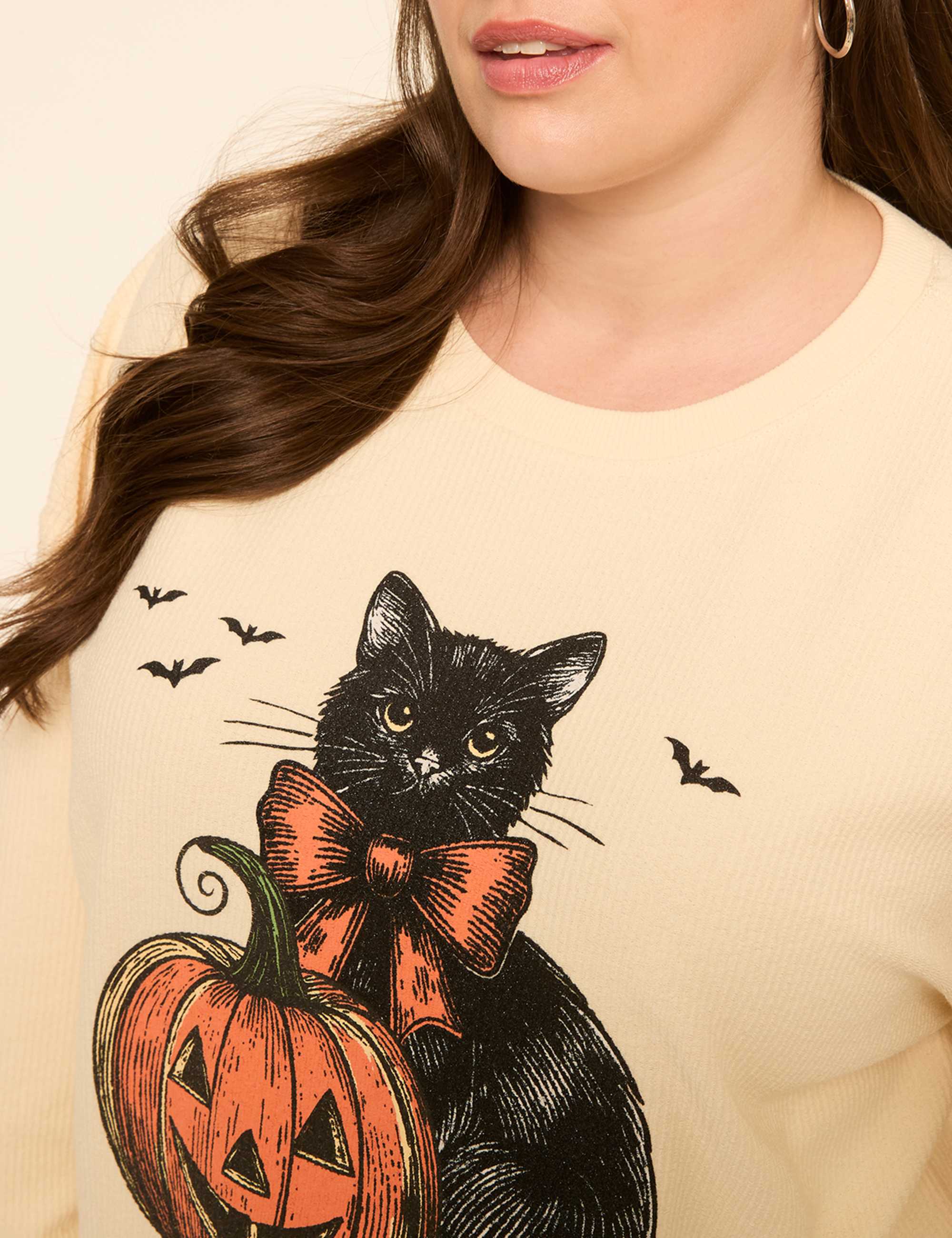 Glitter Pumpkin & Cat Graphic Sweatshirt