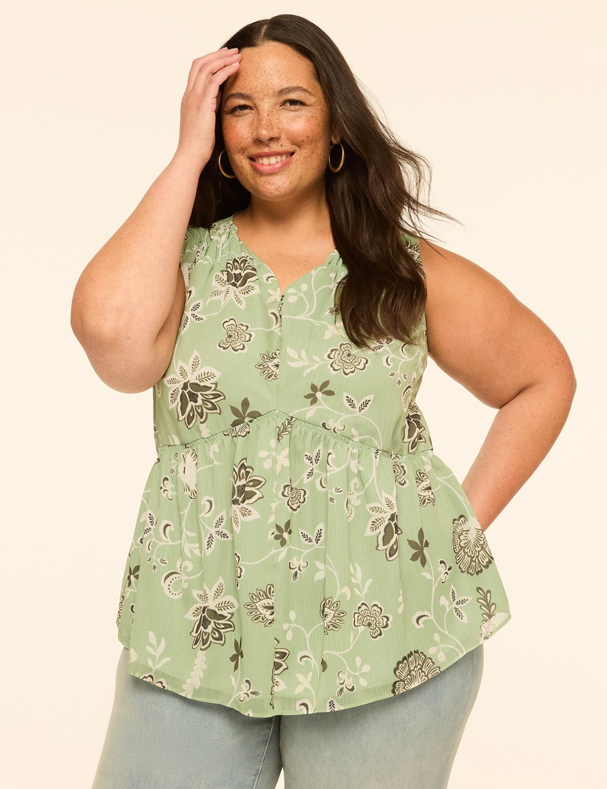 Smocked-Yoke V-Neck Tank