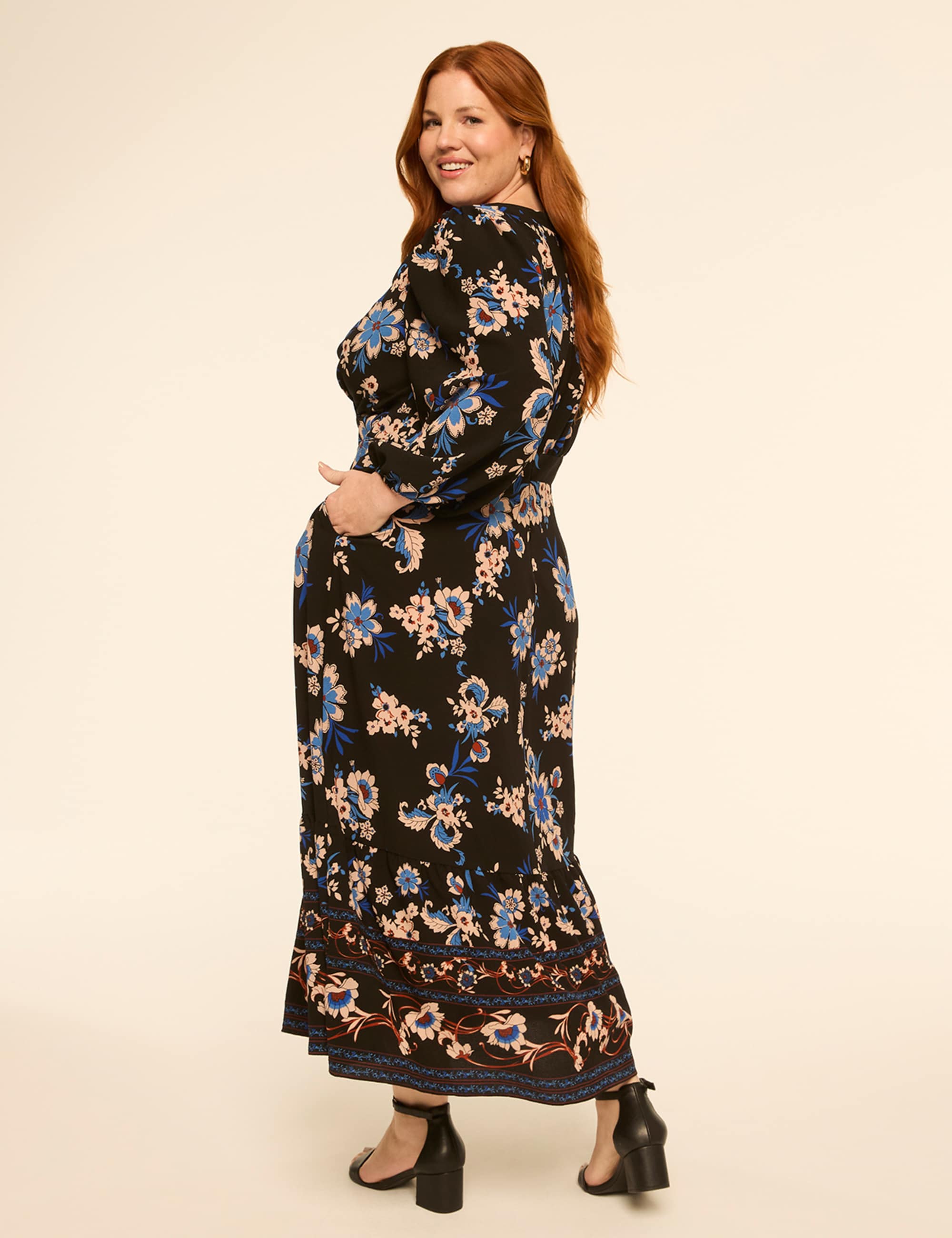 Long-Sleeve Faux-Wrap Maxi Dress