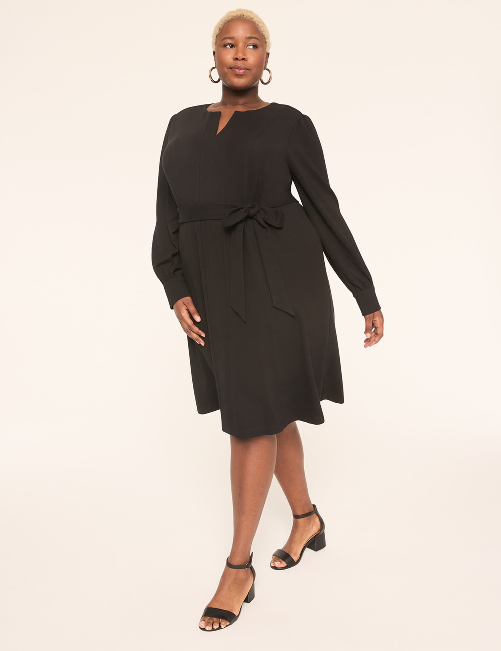 Ponte Twill Tie-Waist Long-Sleeve Dress
